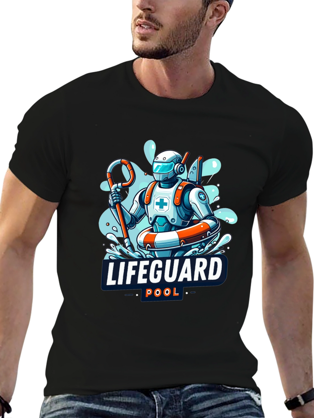 Robot Lifeguard Black T-Shirt - Cool Graphic Tee