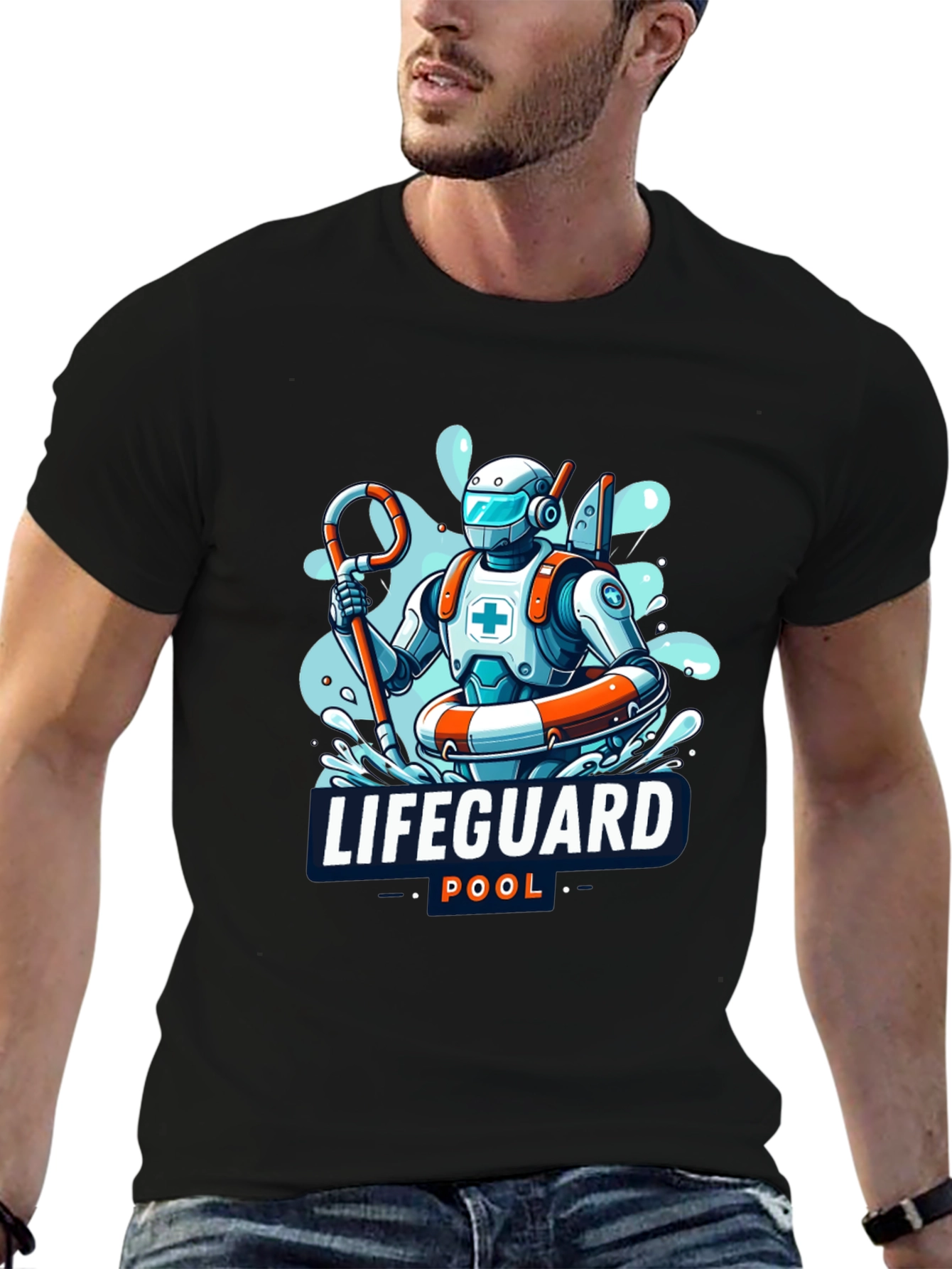 Robot Lifeguard Black T-Shirt - Cool Graphic Tee