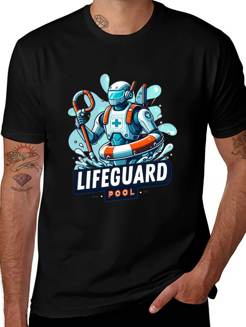 Robot Lifeguard Black T-Shirt - Cool Graphic Tee