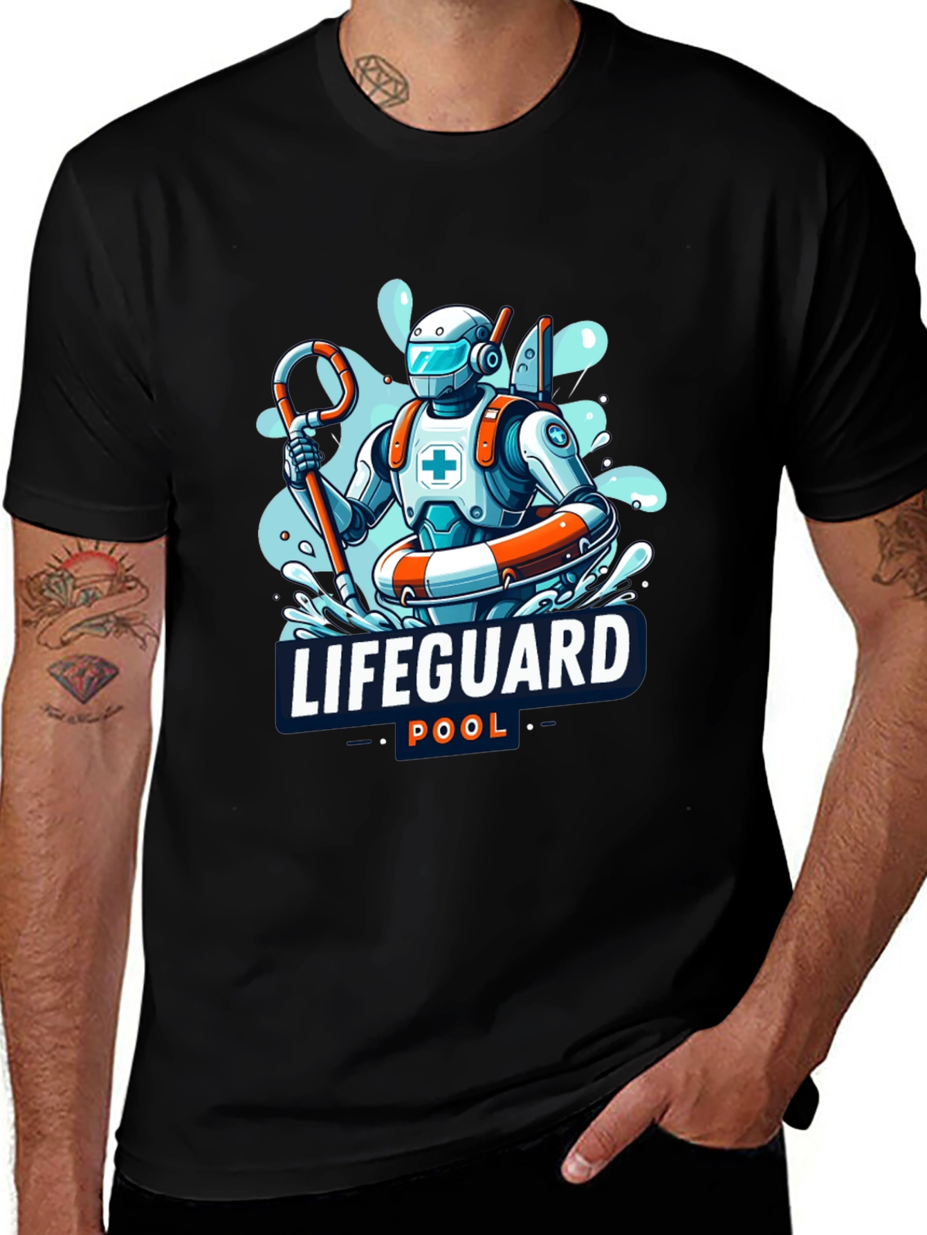 Robot Lifeguard Black T-Shirt - Cool Graphic Tee