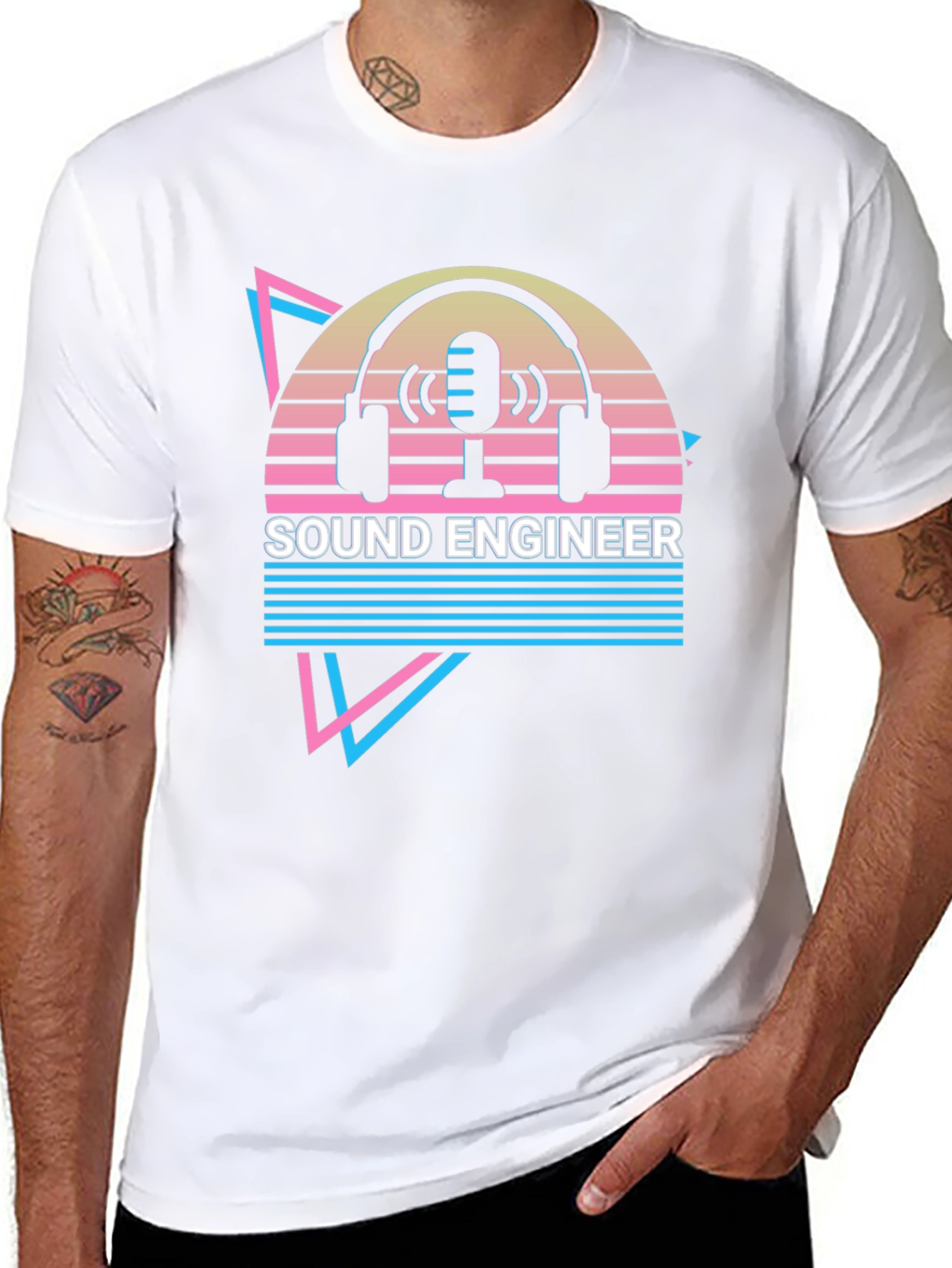 Sound Engineer Graphic T-Shirt - Retro Microphone Headphones Design