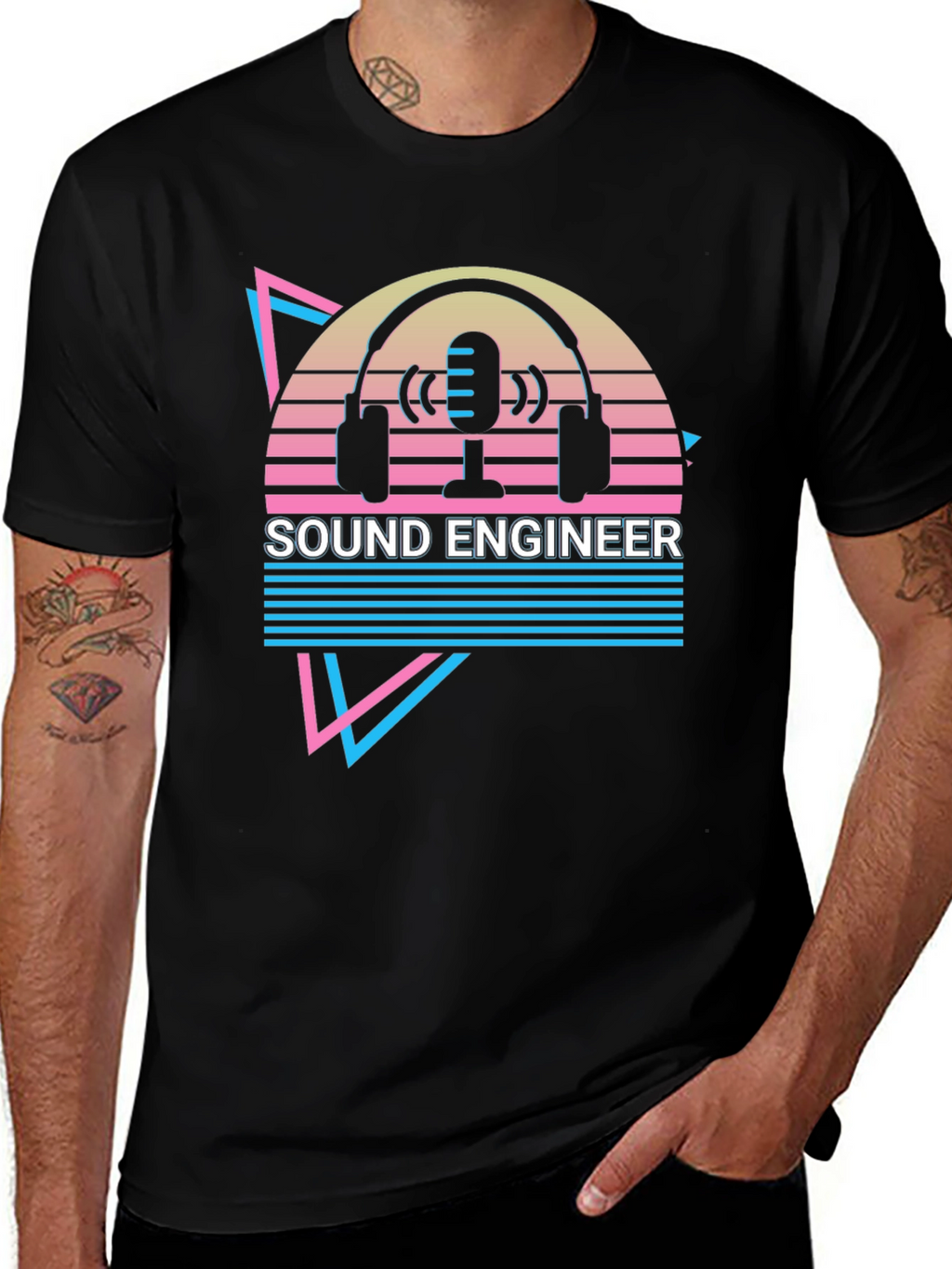Sound Engineer Graphic T-Shirt - Retro Microphone Headphones Design