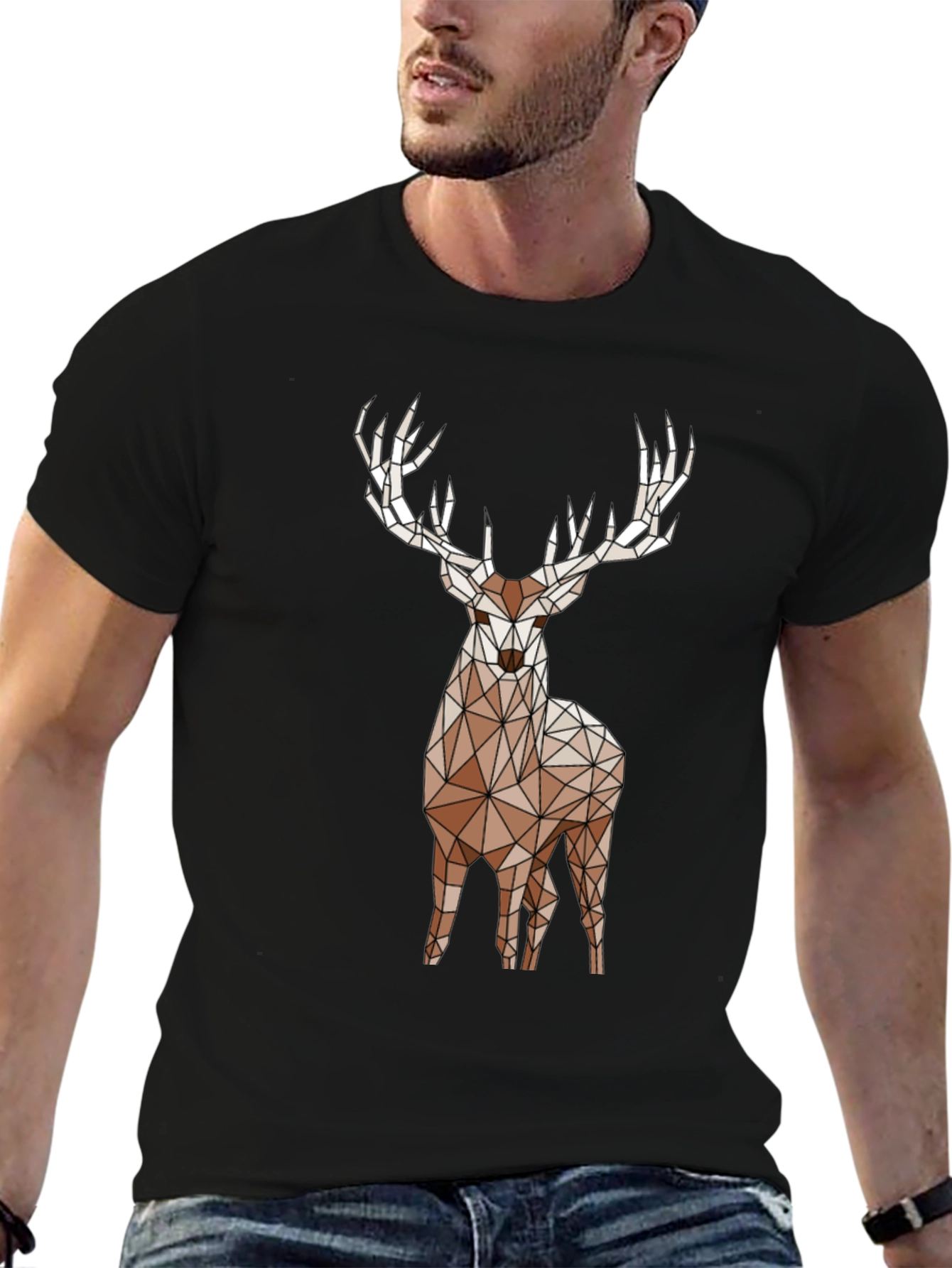 Geometric Deer Graphic Tee - Black
