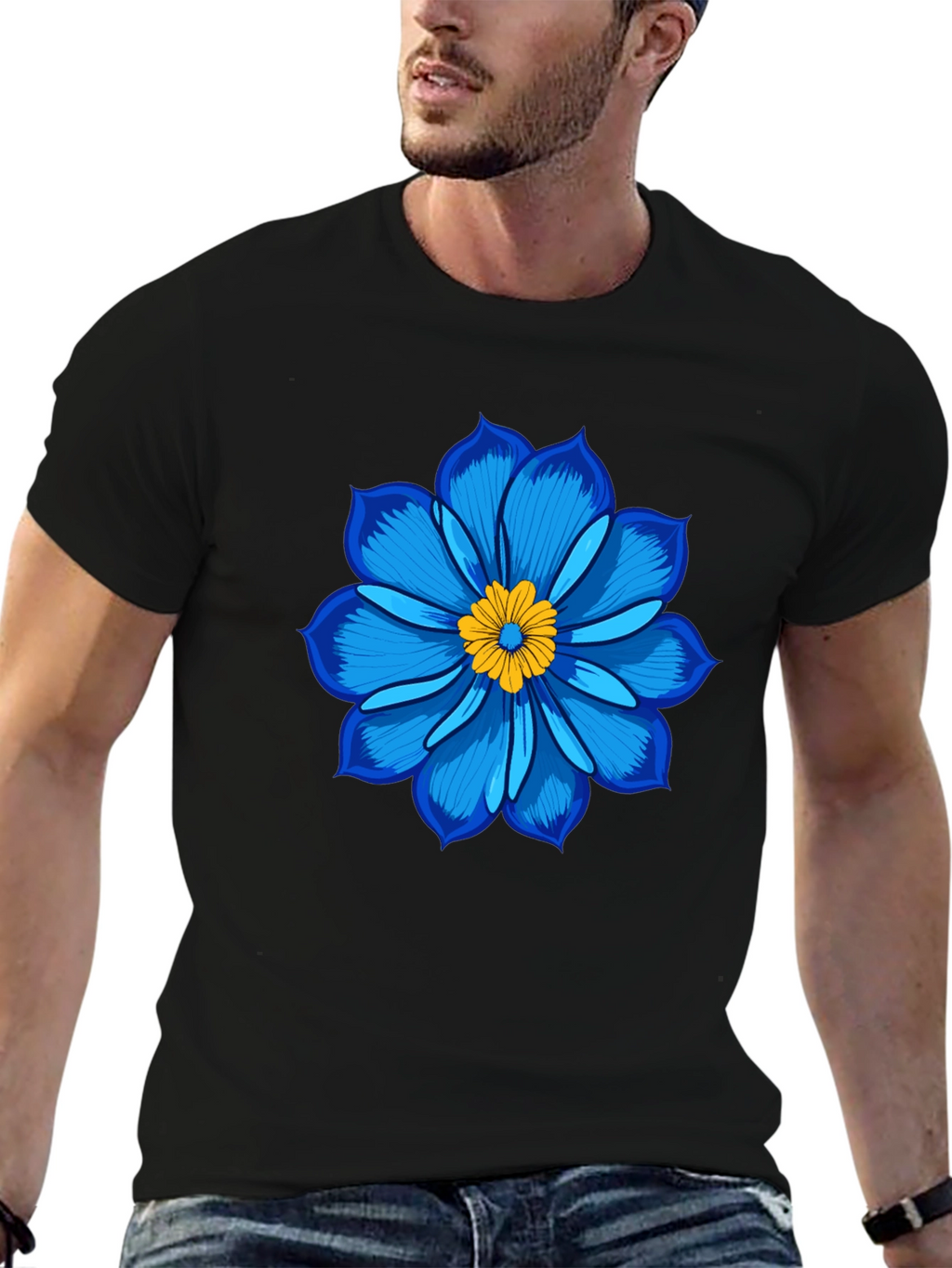 Blue Flower Graphic Tee - Soft Cotton Black T-Shirt