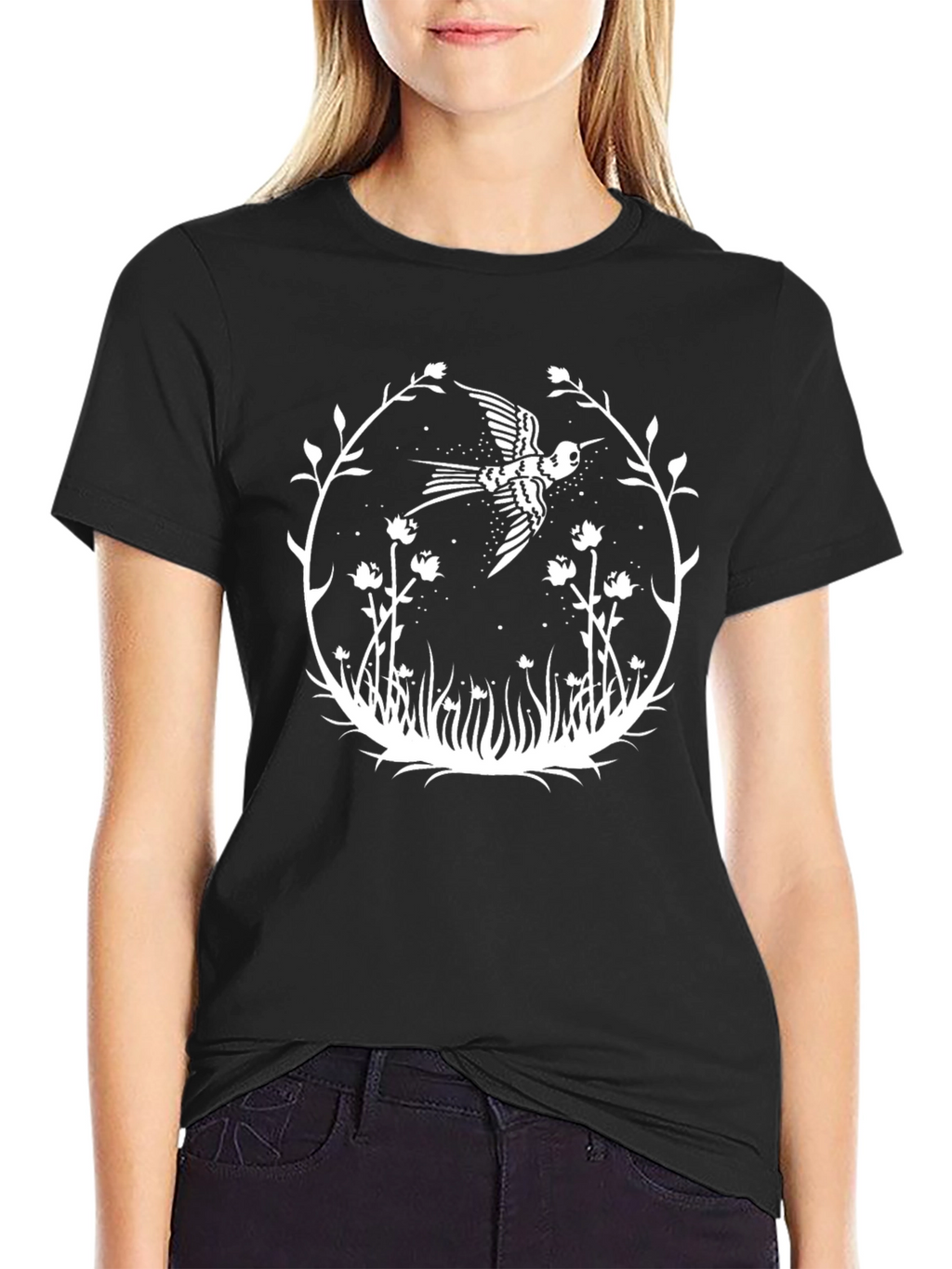 Bird & Floral Graphic Black Tee