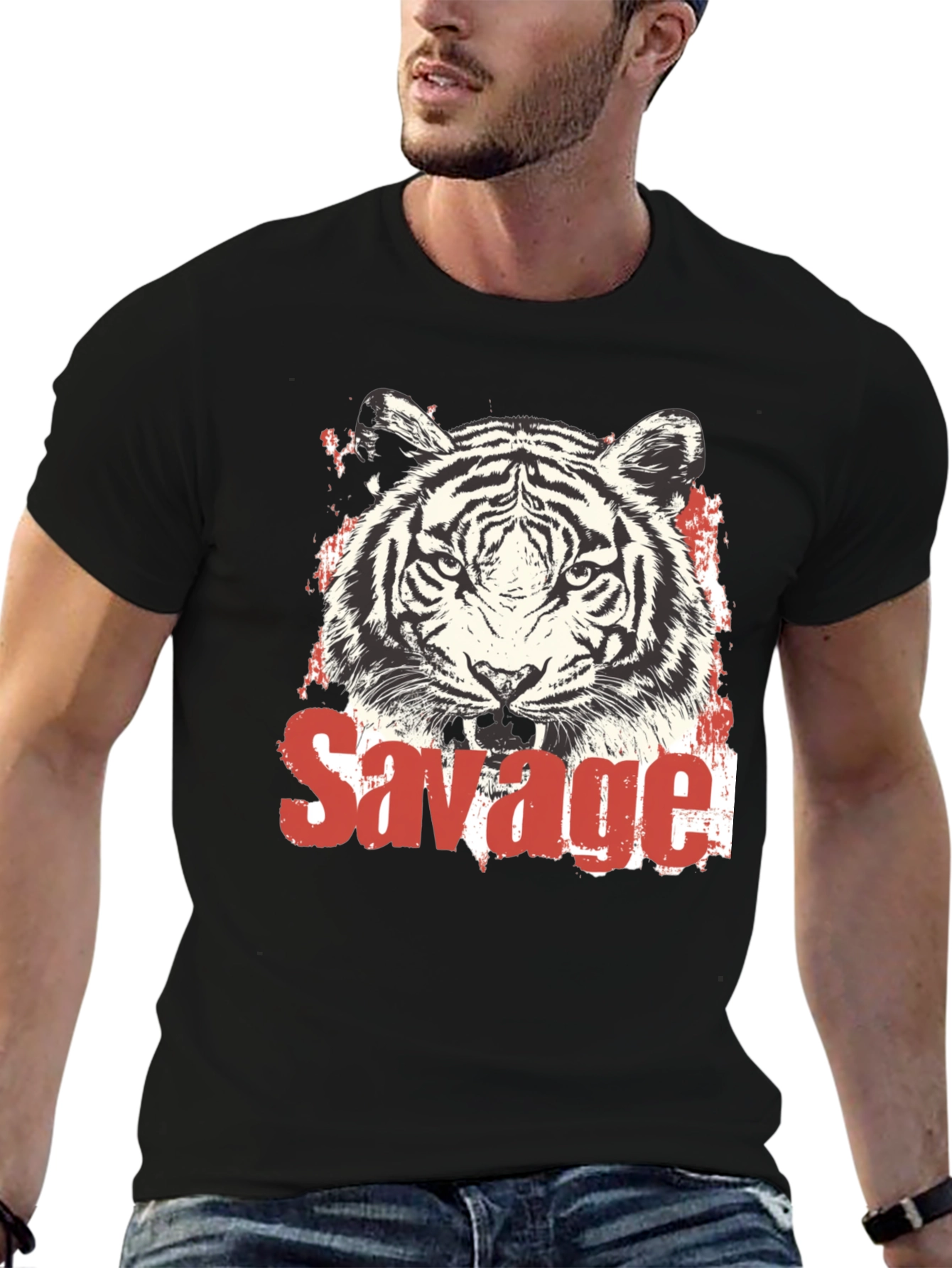 Savage Tiger Graphic Print Black T-Shirt