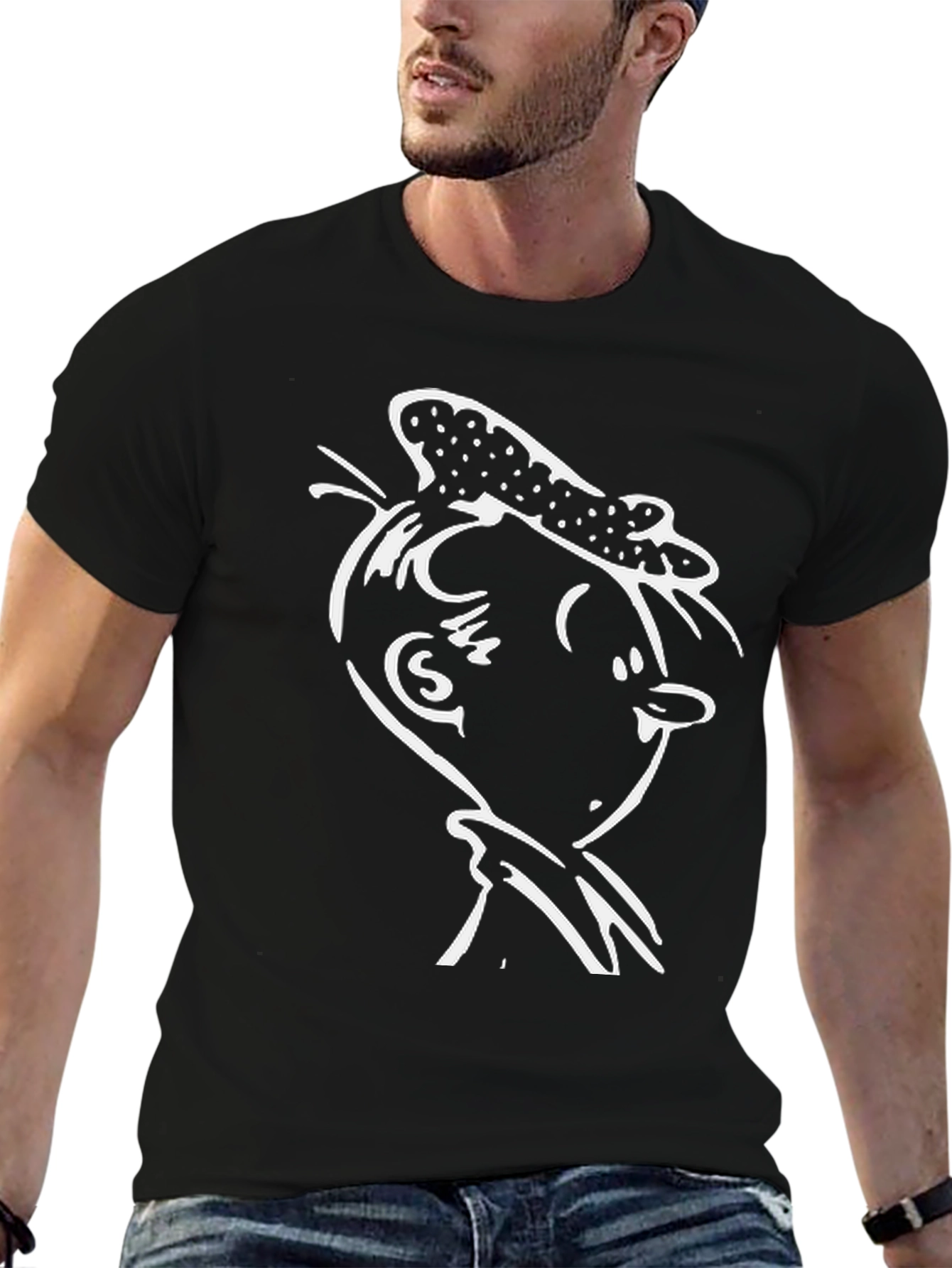 Black T-Shirt with White Cartoon Character Graphic
