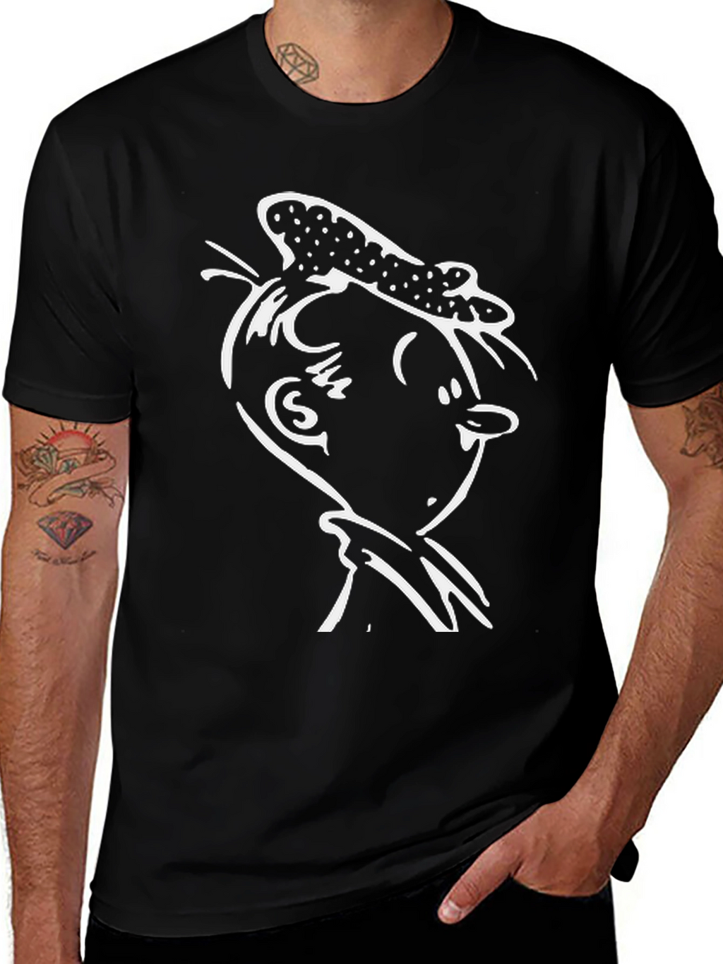 Black T-Shirt with White Cartoon Character Graphic