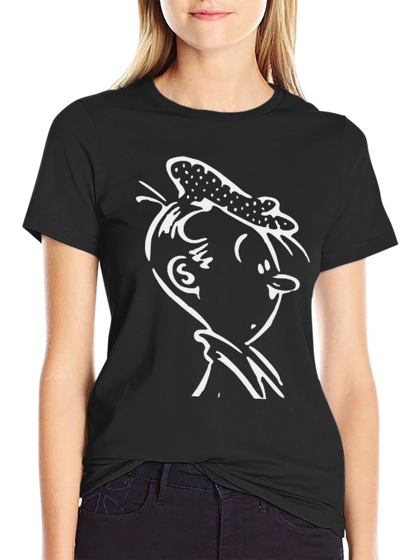 Black T-Shirt with White Cartoon Character Graphic