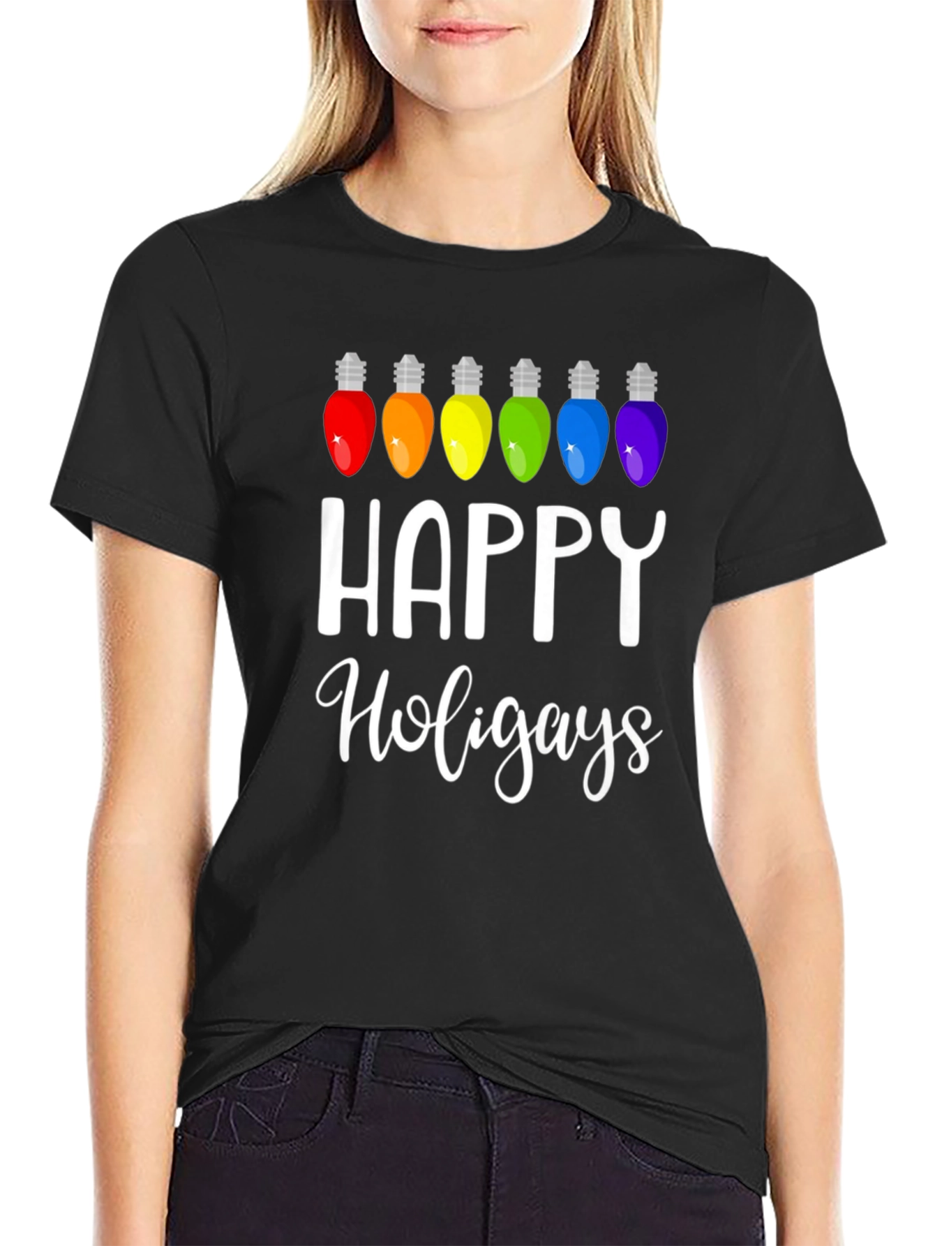 Happy Holigays Rainbow Lights Graphic T-Shirt