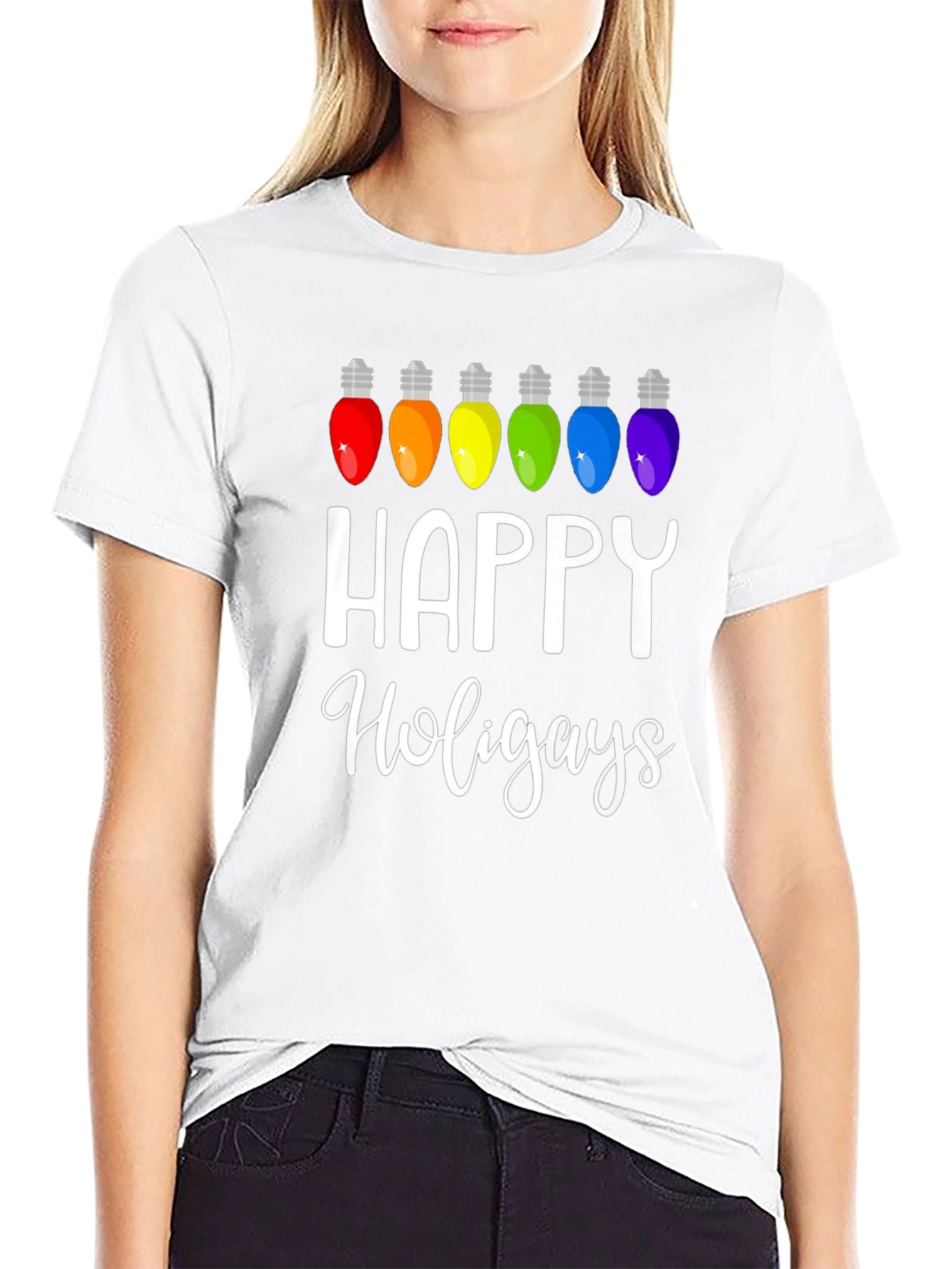 Happy Holigays Rainbow Lights Graphic T-Shirt