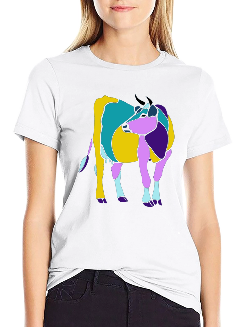 Abstract Cow Graphic Tee - Black Cotton Casual T-Shirt
