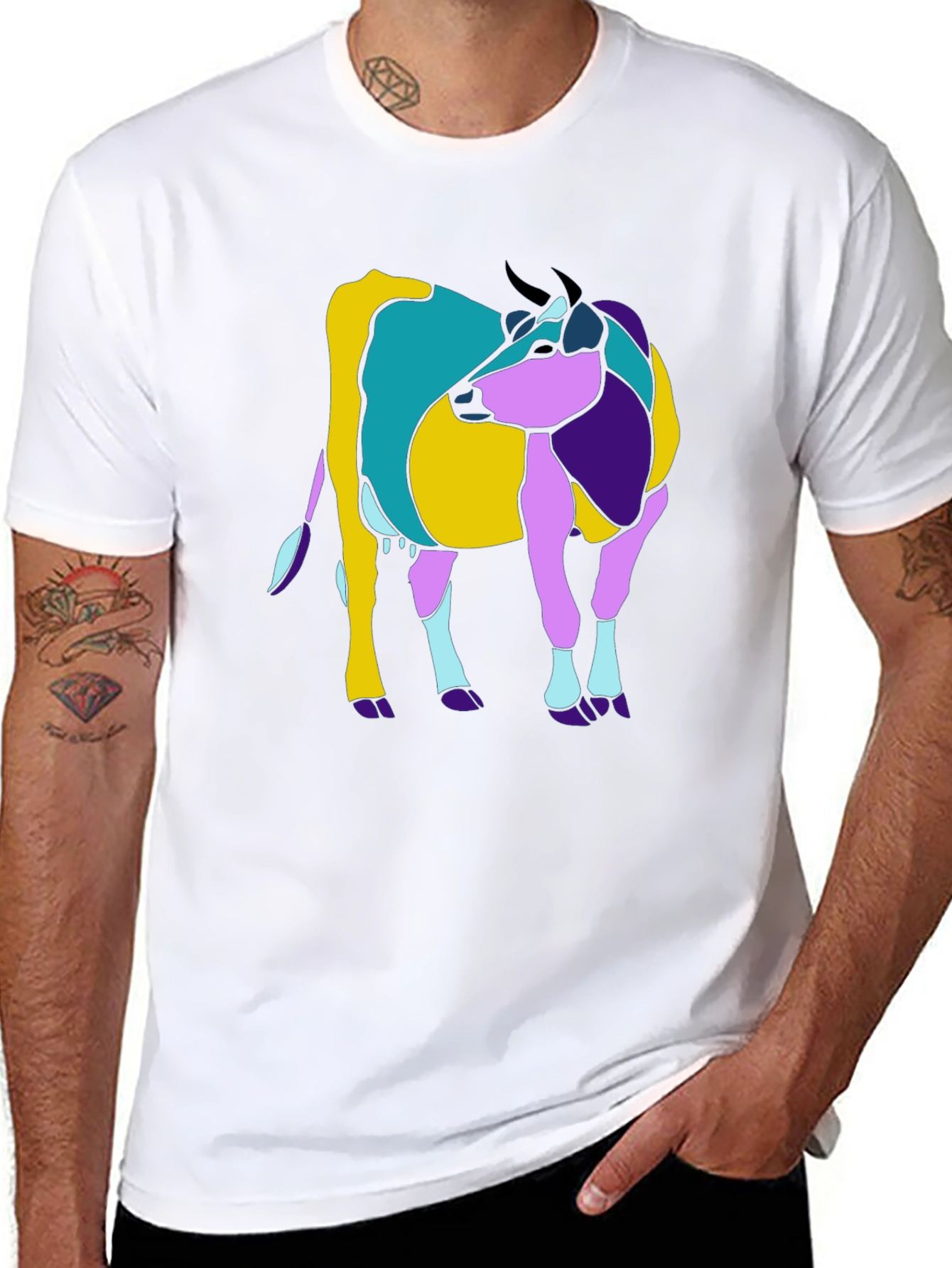 Abstract Cow Graphic Tee - Black Cotton Casual T-Shirt