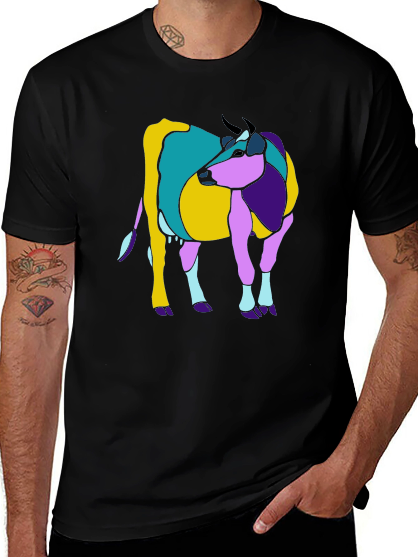 Abstract Cow Graphic Tee - Black Cotton Casual T-Shirt