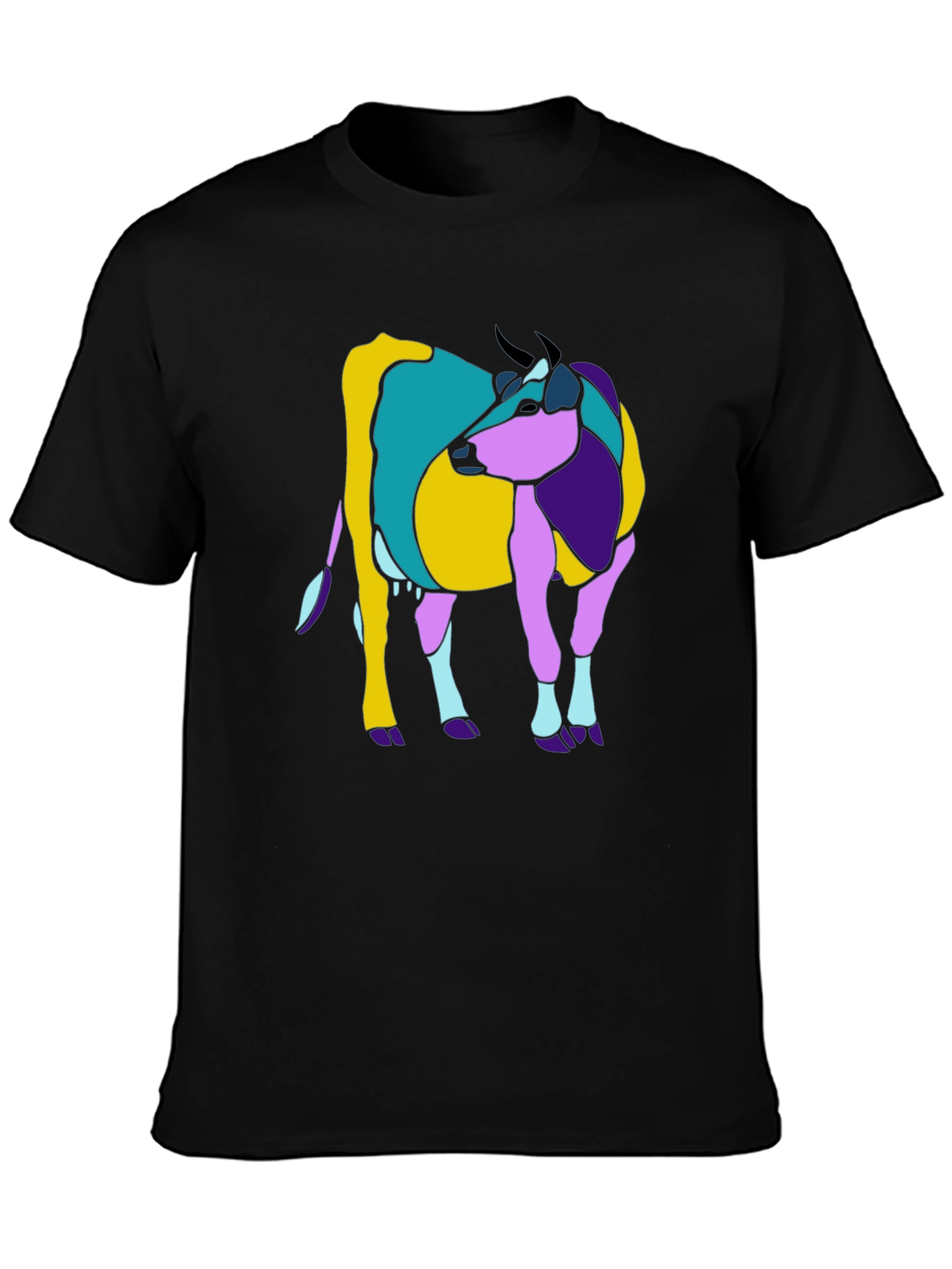 Abstract Cow Graphic Tee - Black Cotton Casual T-Shirt