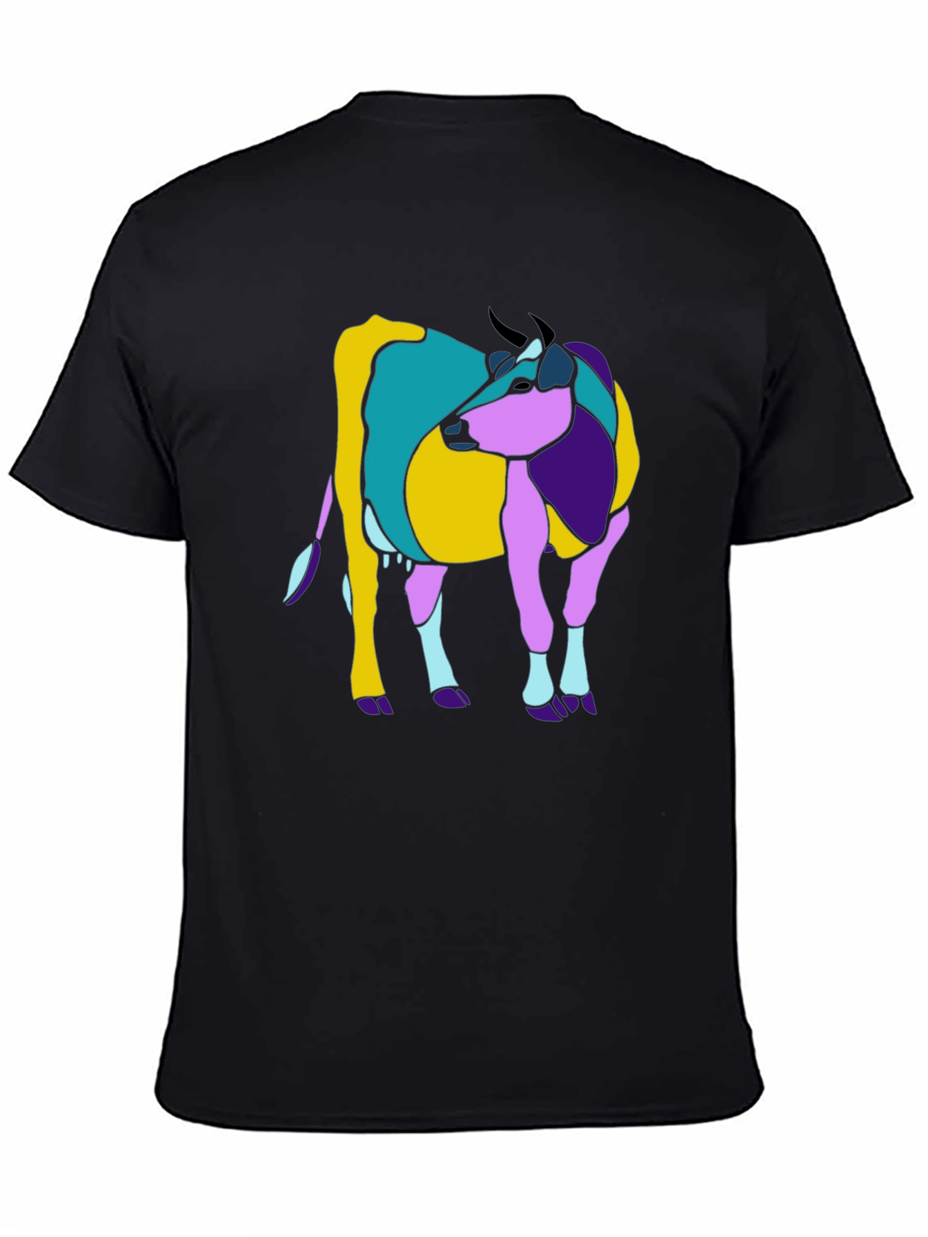 Abstract Cow Graphic Tee - Black Cotton Casual T-Shirt