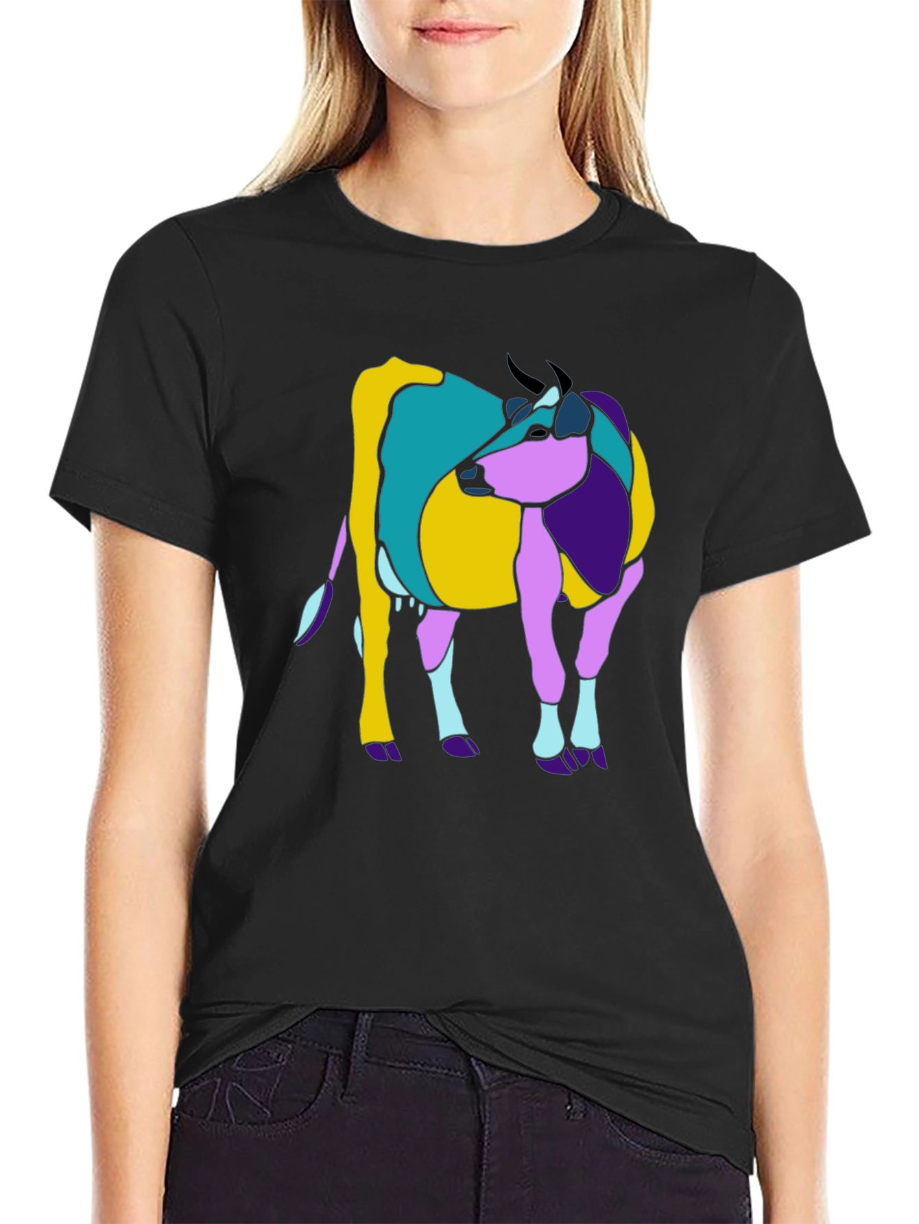 Abstract Cow Graphic Tee - Black Cotton Casual T-Shirt