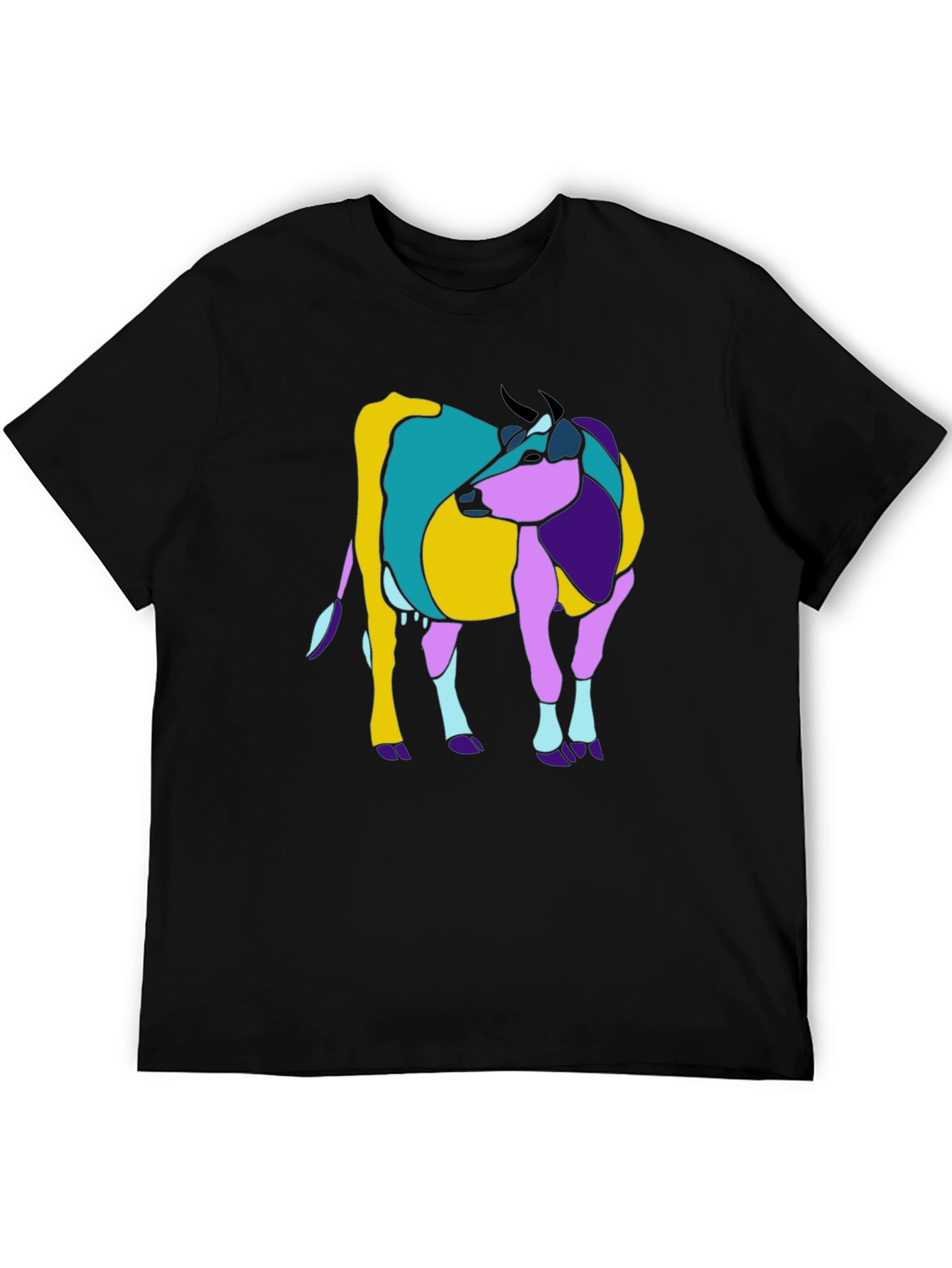 Abstract Cow Graphic Tee - Black Cotton Casual T-Shirt