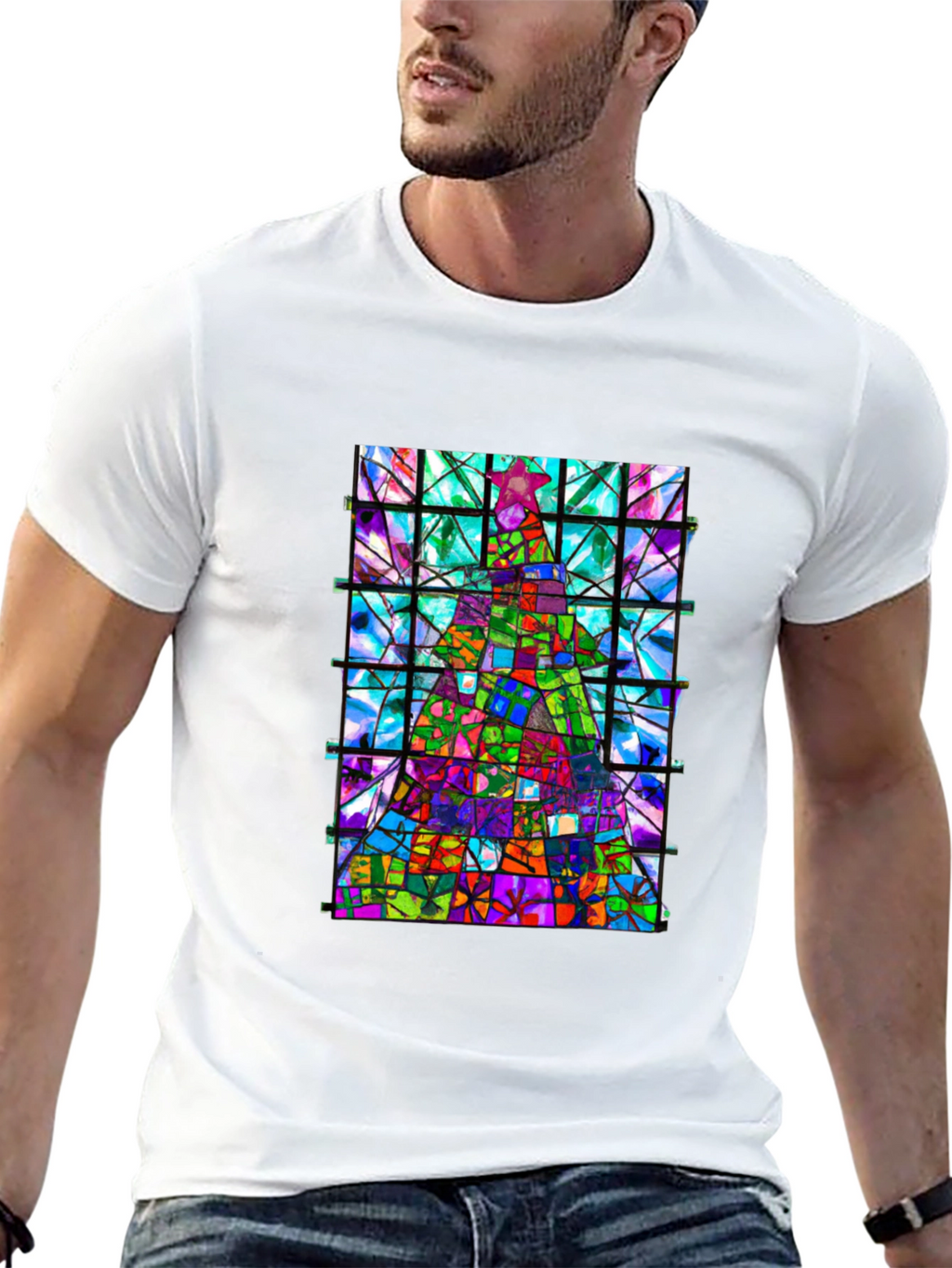 Stained Glass Christmas Tree Graphic Tee