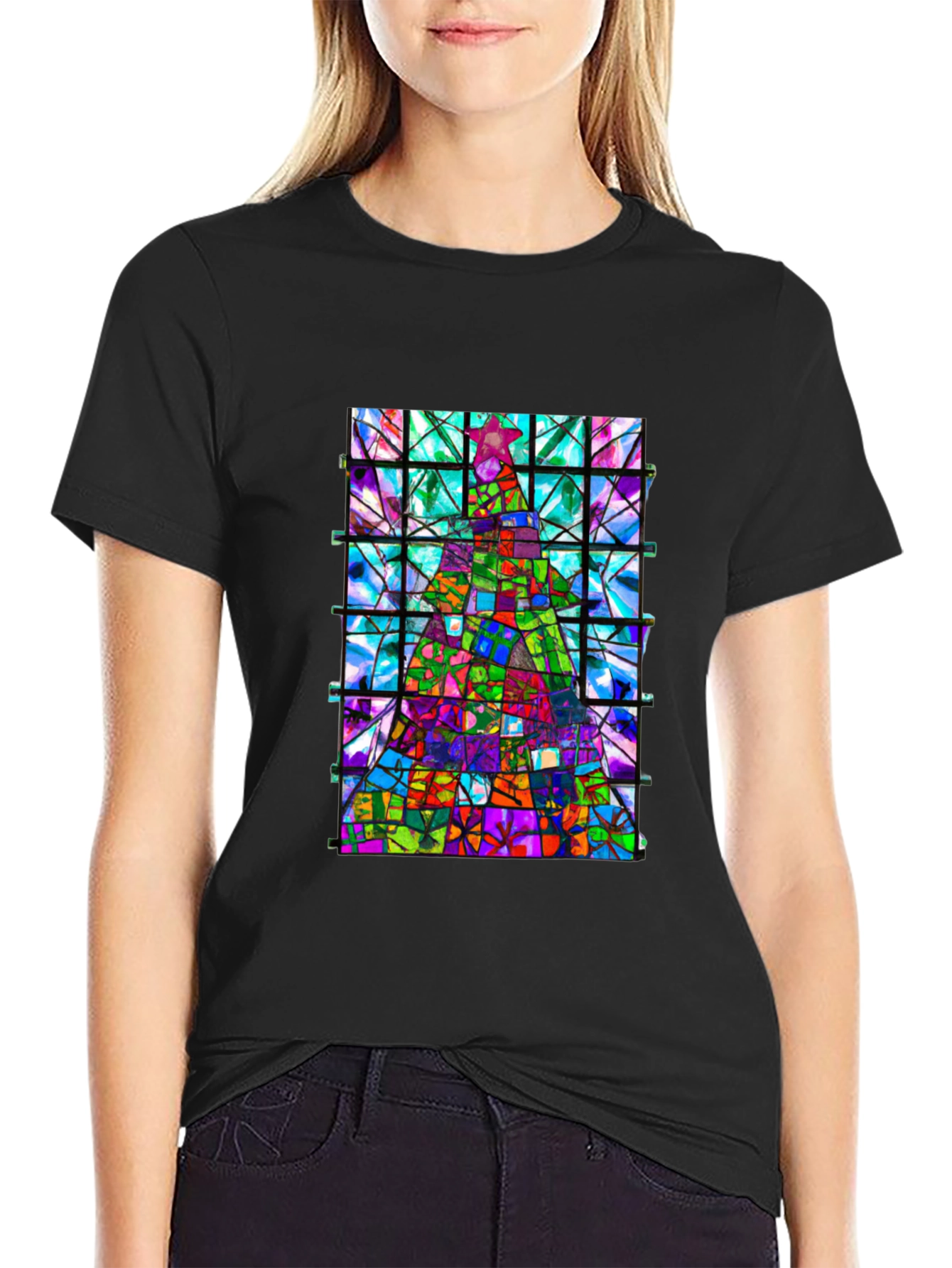 Stained Glass Christmas Tree Graphic Tee
