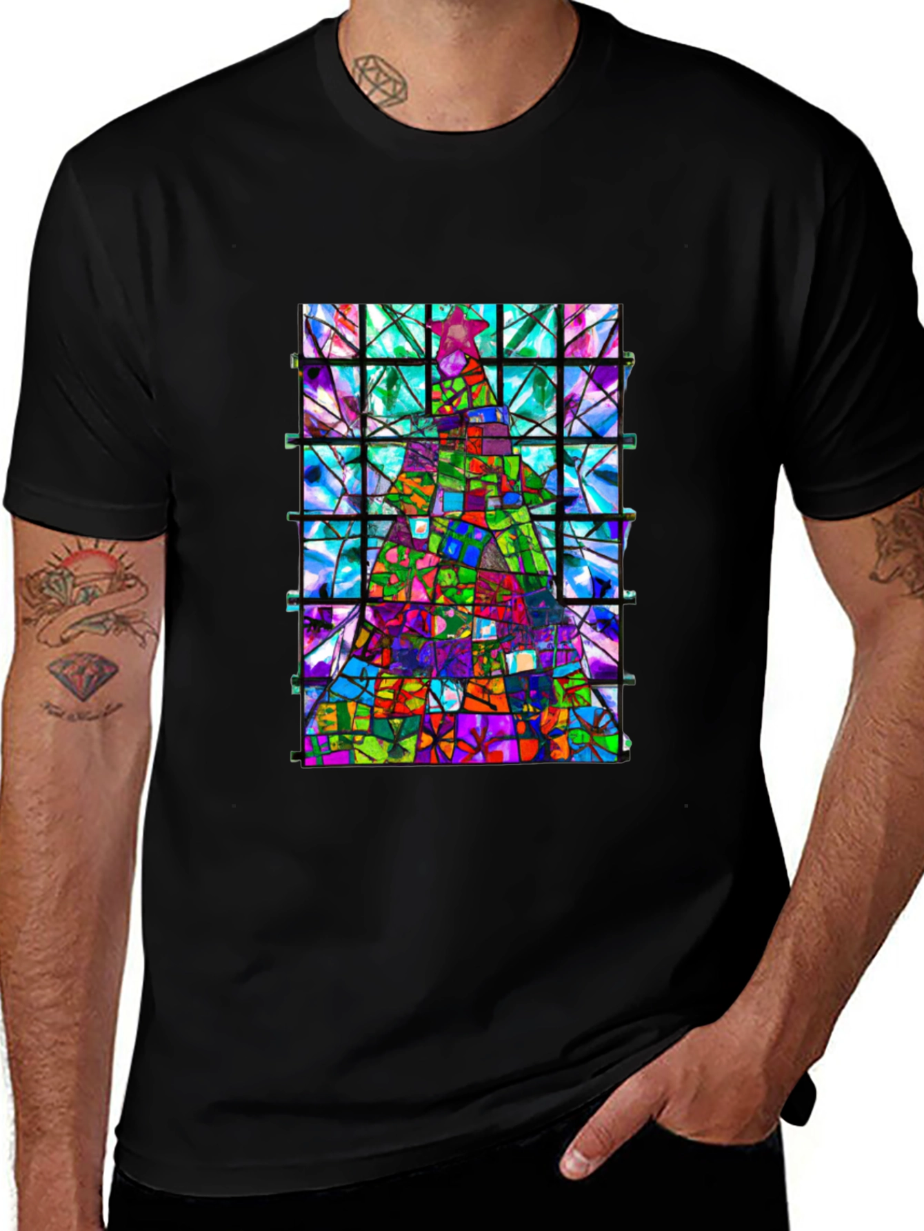 Stained Glass Christmas Tree Graphic Tee