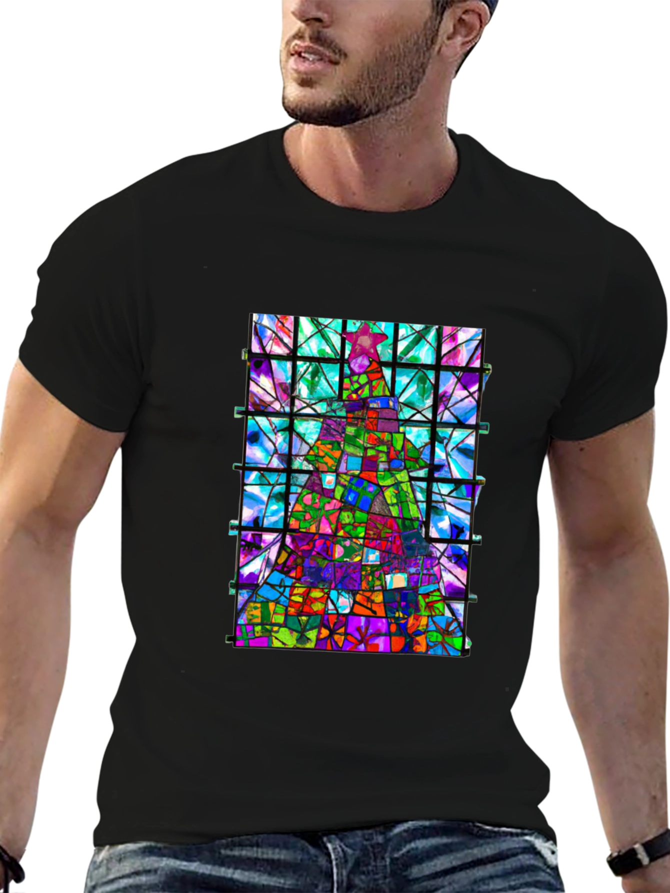 Stained Glass Christmas Tree Graphic Tee