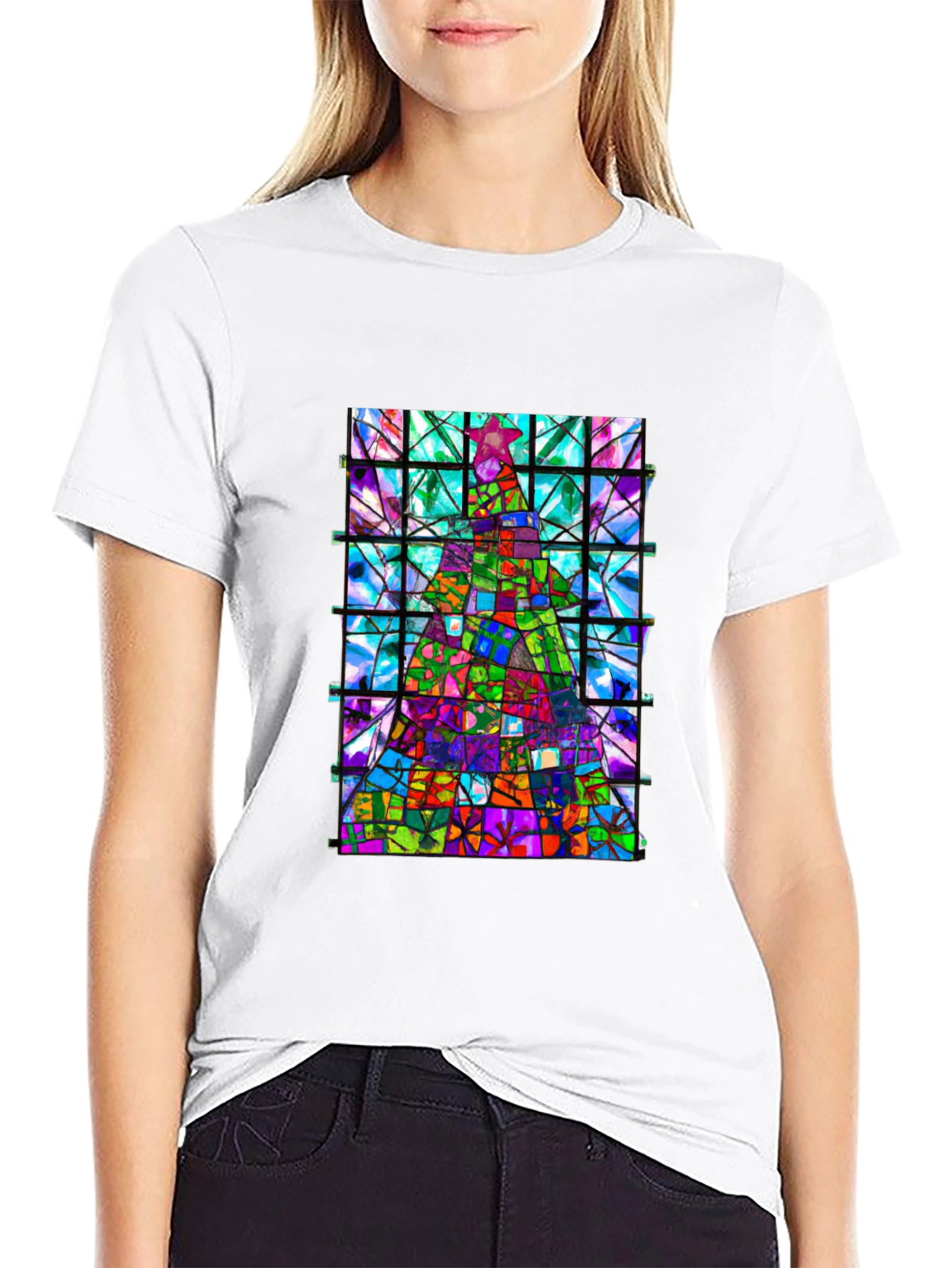 Stained Glass Christmas Tree Graphic Tee