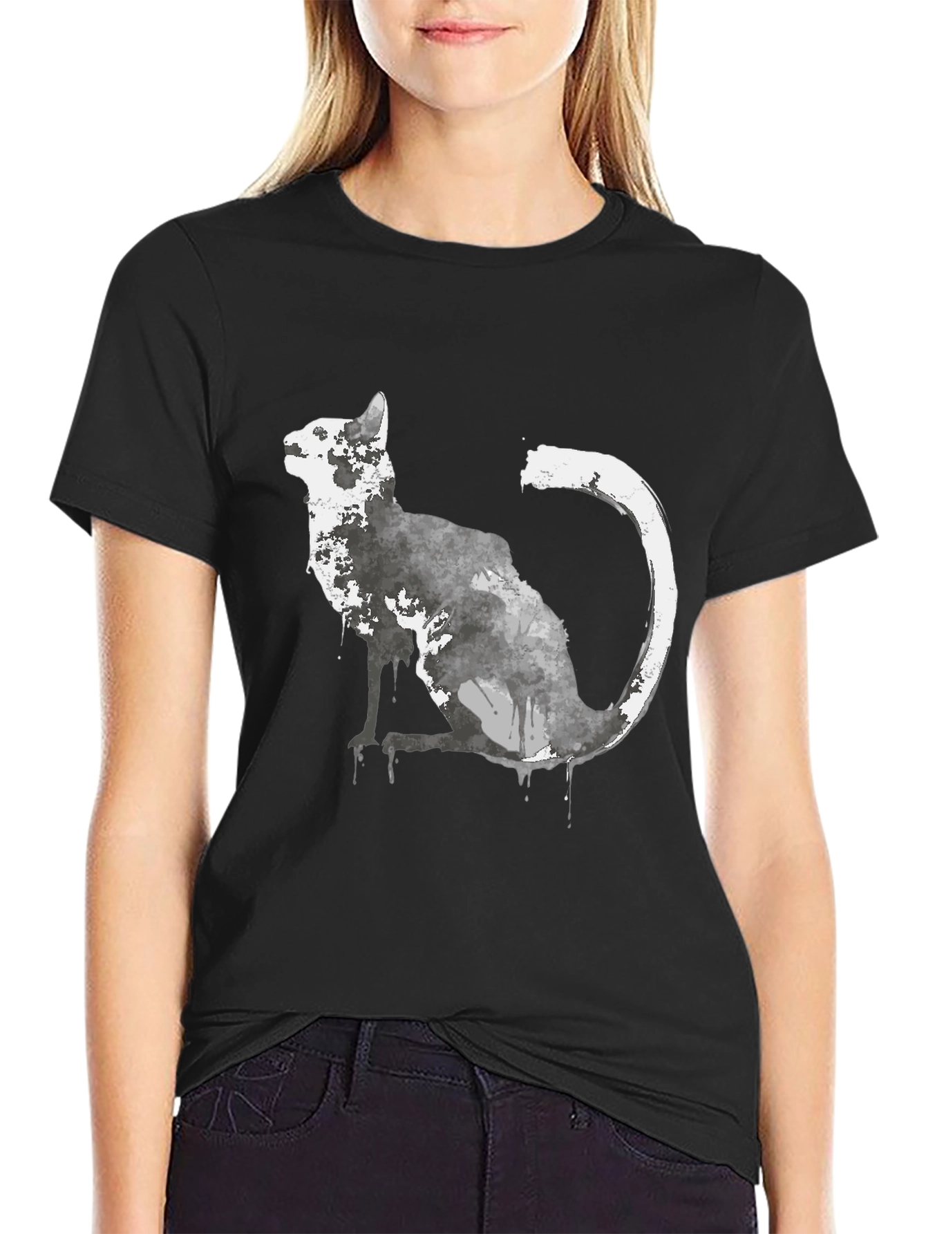 Watercolor Cat Graphic Black T-Shirt