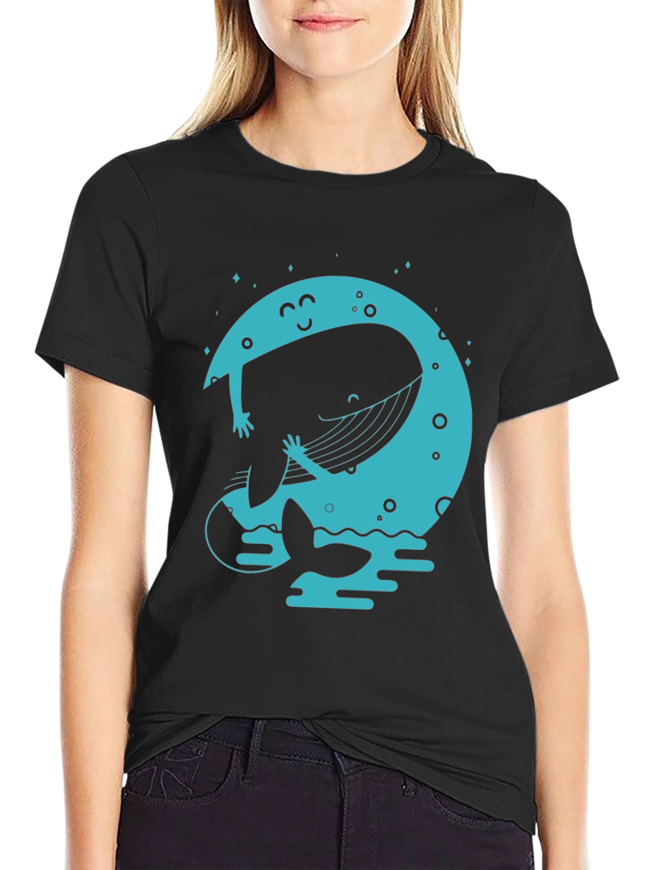 Moon Whale Graphic Tee - Black Cotton Blend