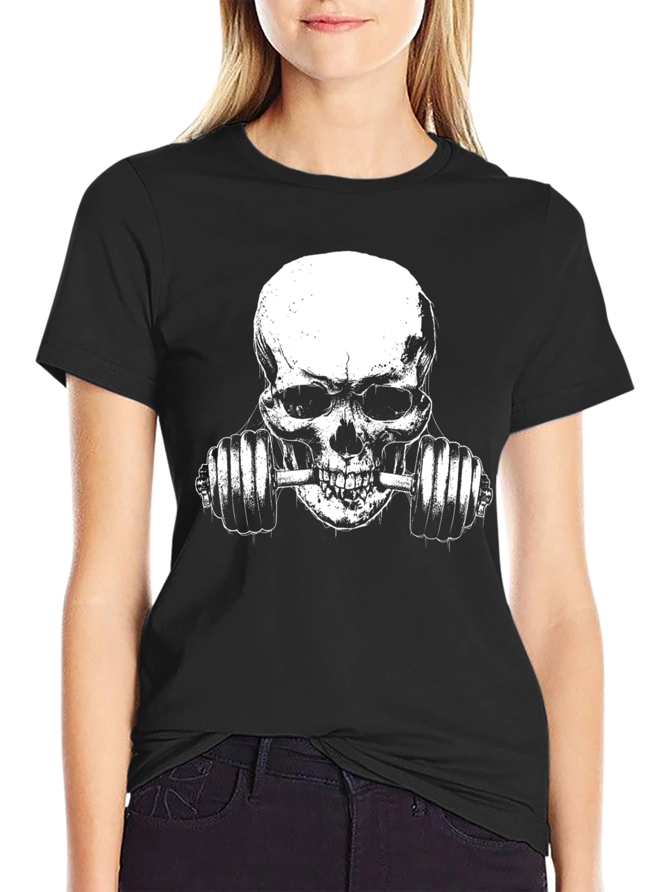 Skull Lifting Weights Graphic T-Shirt