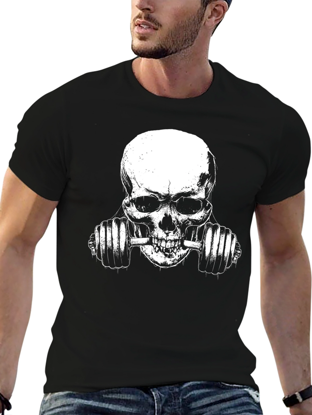 Skull Lifting Weights Graphic T-Shirt