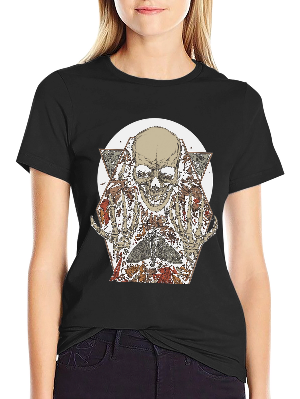 Skull & Floral Graphic Print Black T-Shirt