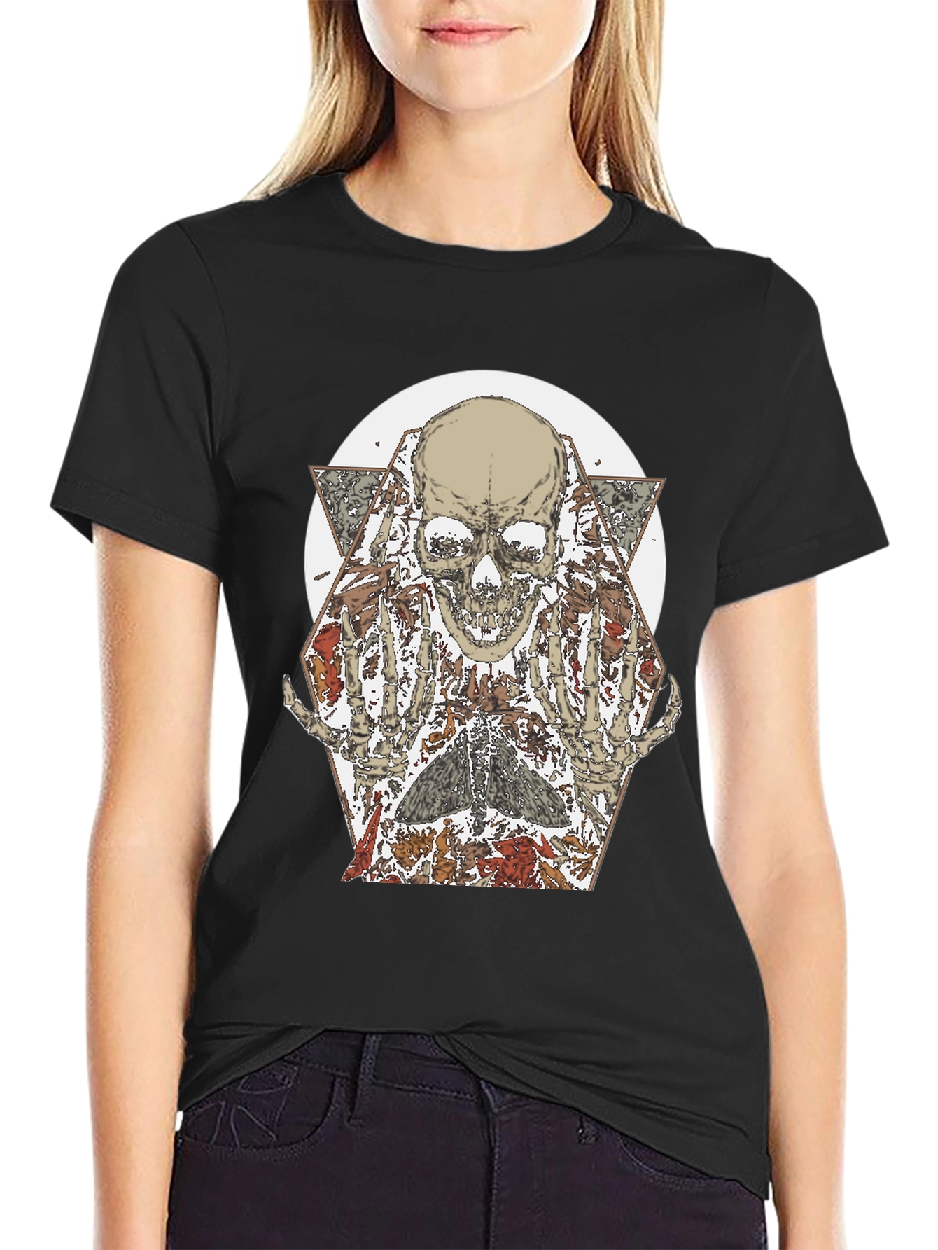 Skull & Floral Graphic Print Black T-Shirt
