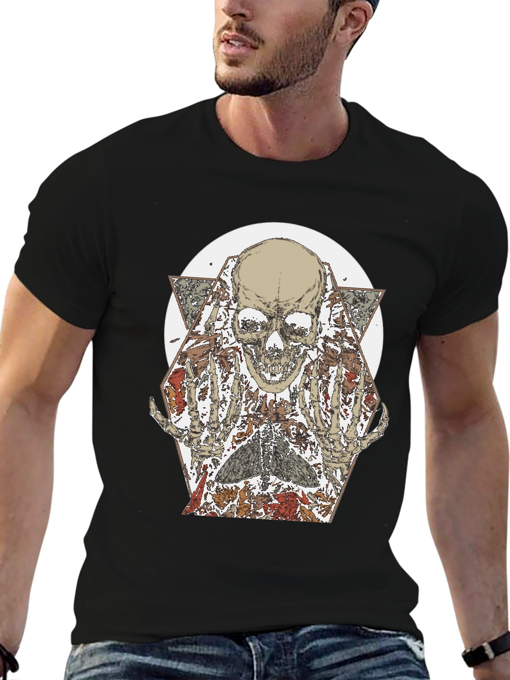 Skull & Floral Graphic Print Black T-Shirt