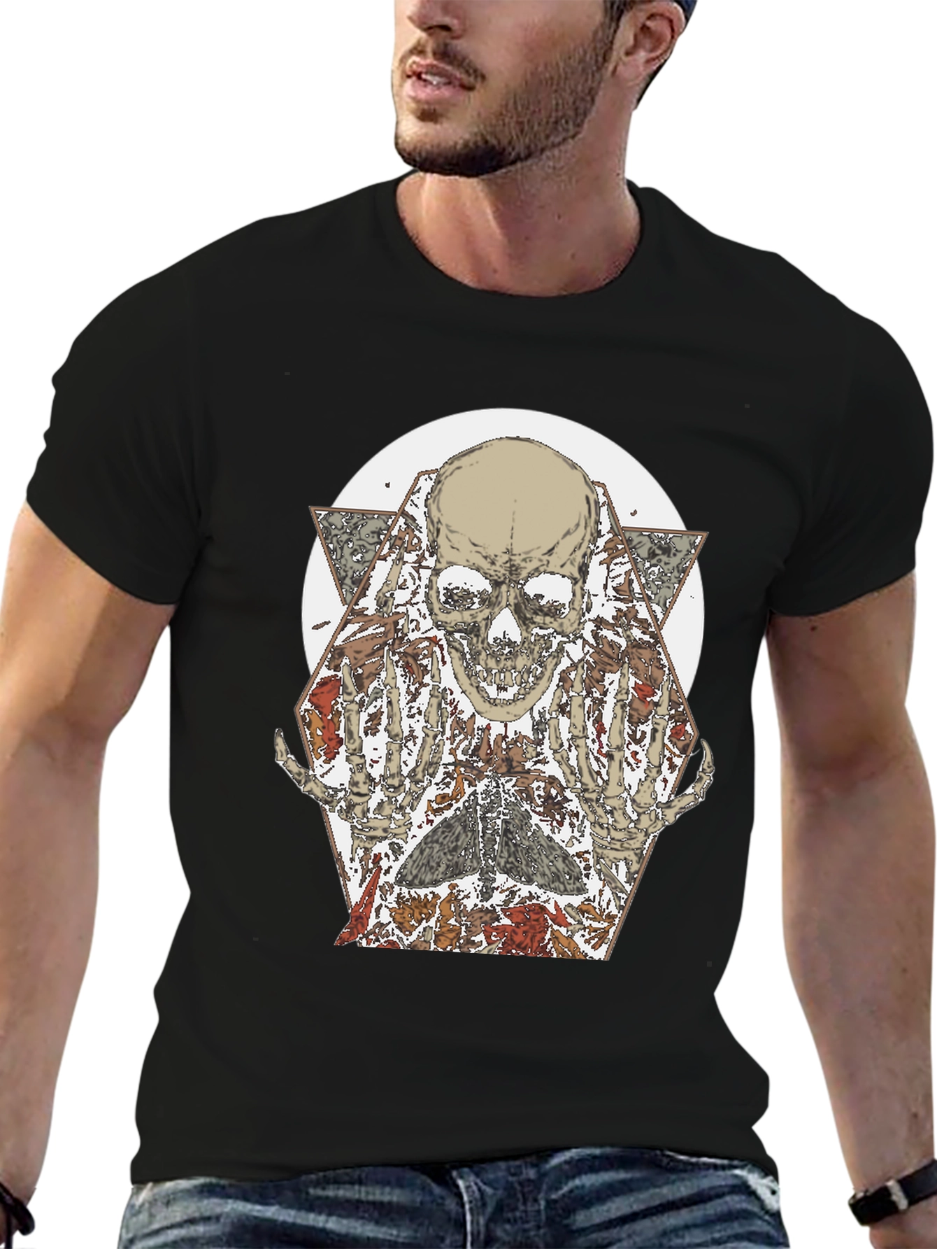 Skull & Floral Graphic Print Black T-Shirt
