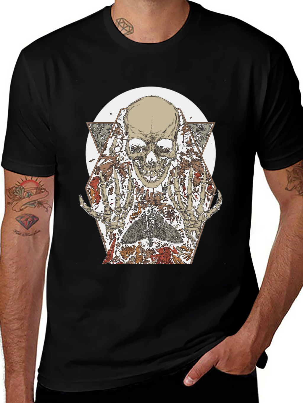 Skull & Floral Graphic Print Black T-Shirt
