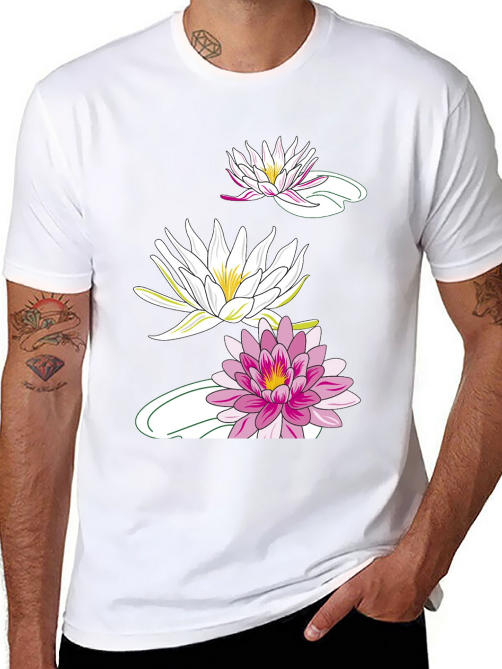 Black T-Shirt with Lotus Flower Design