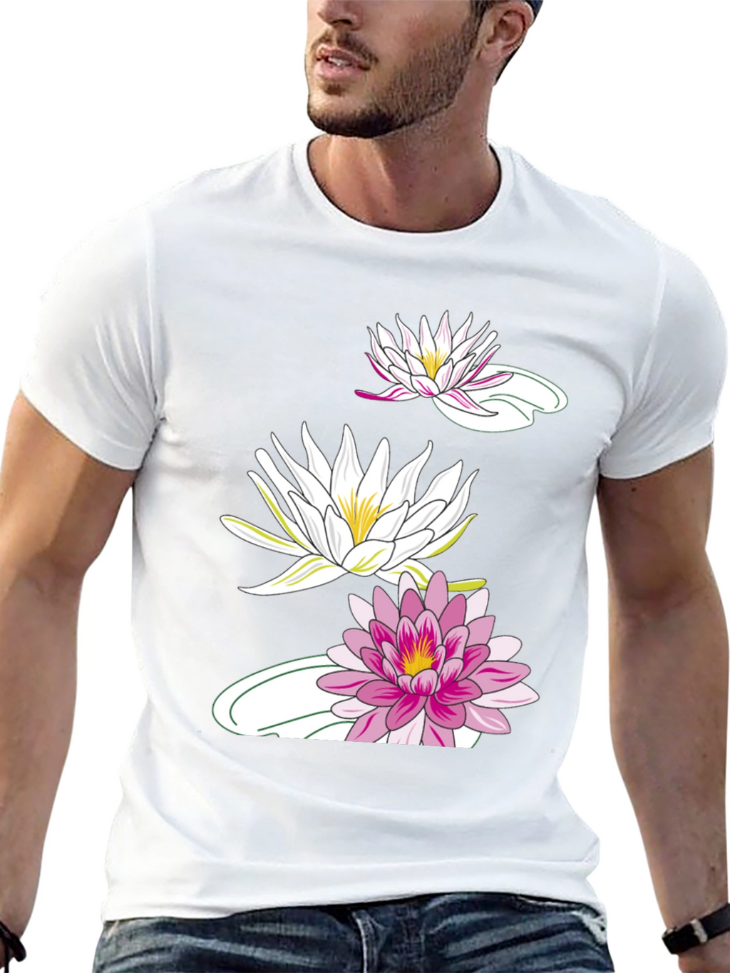 Black T-Shirt with Lotus Flower Design