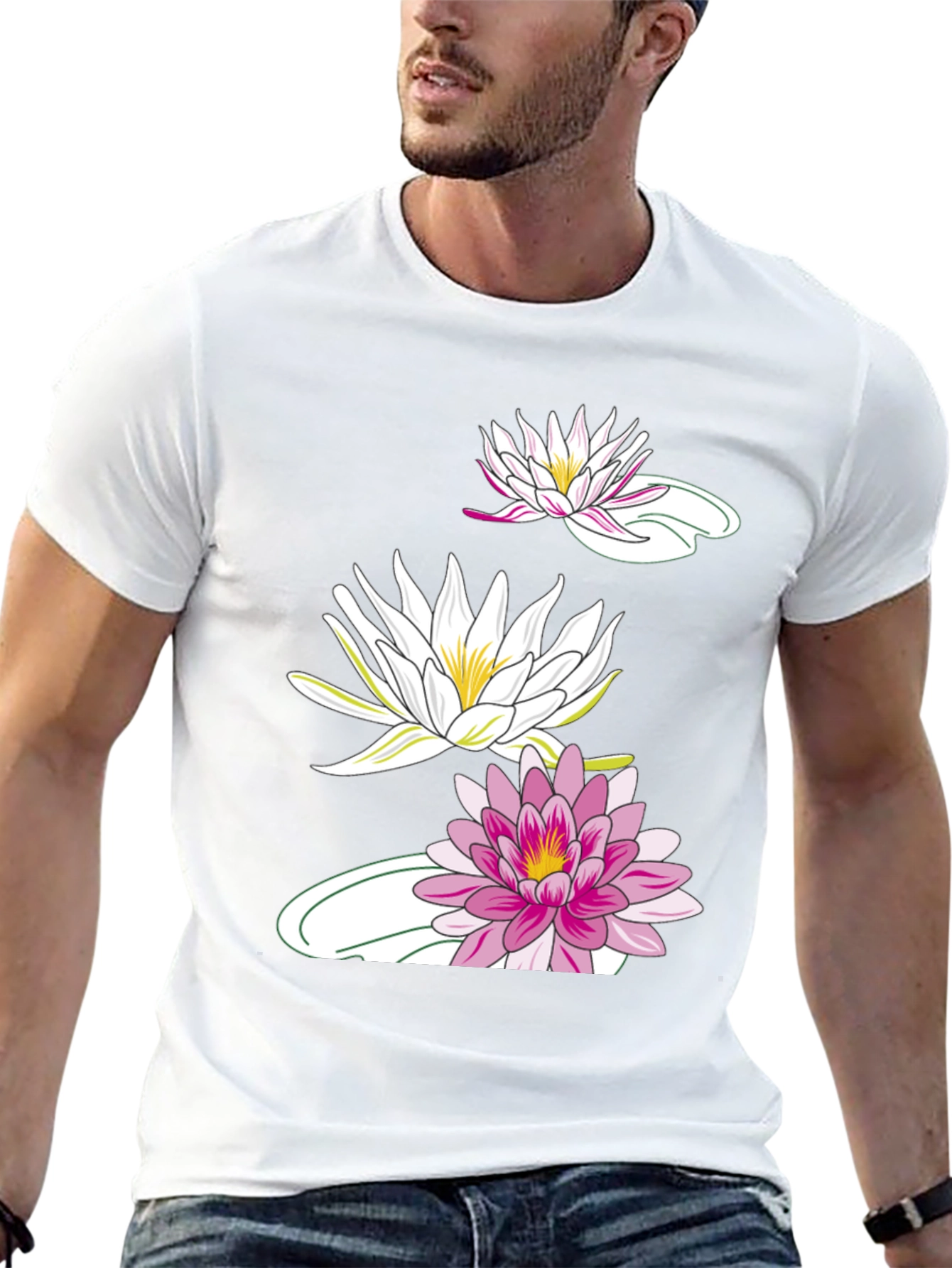 Black T-Shirt with Lotus Flower Design