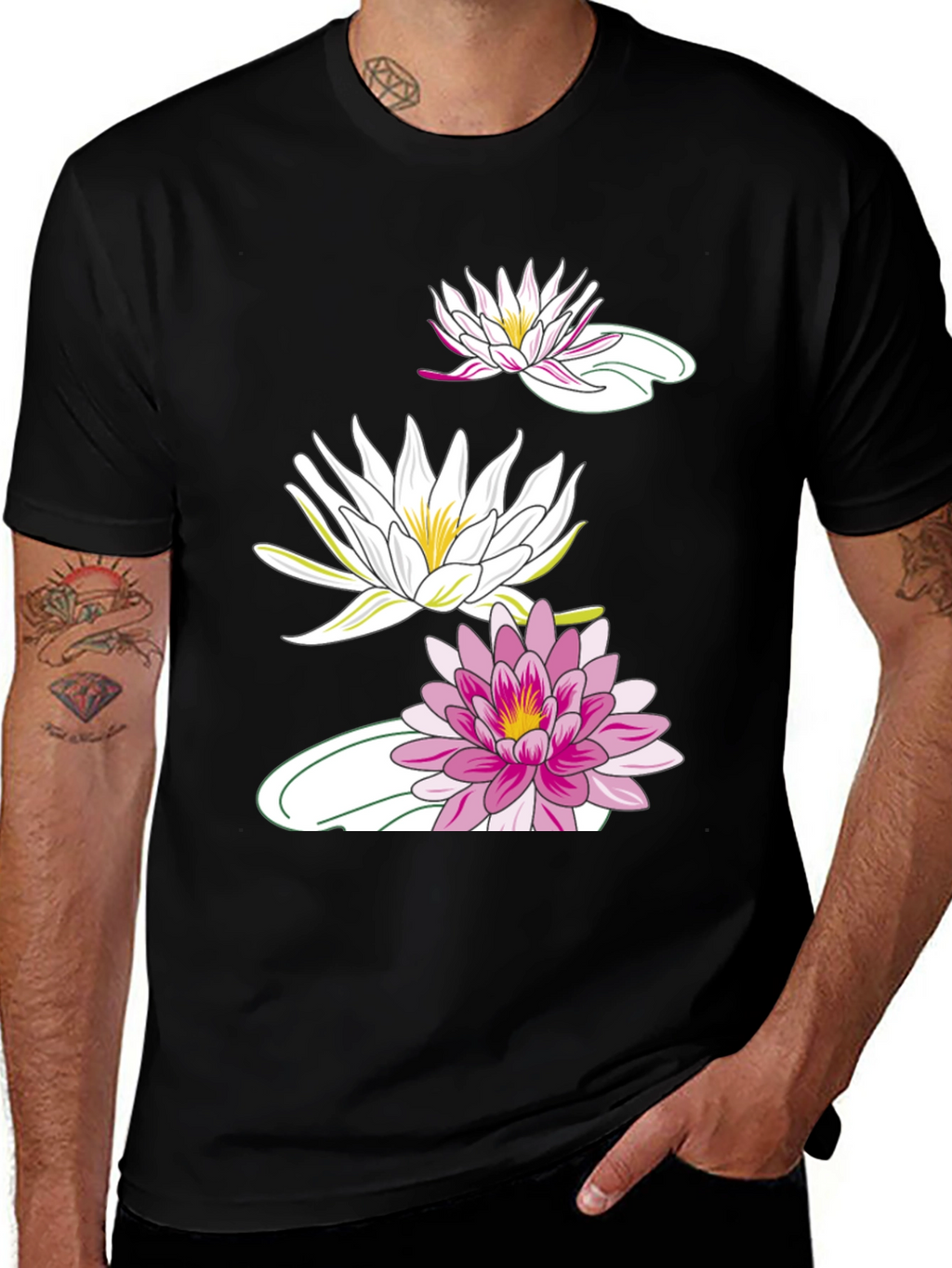Black T-Shirt with Lotus Flower Design