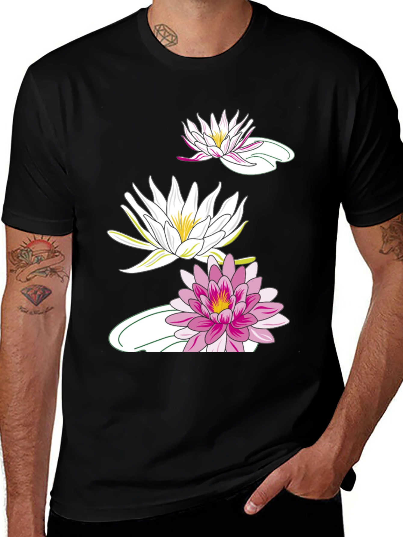 Black T-Shirt with Lotus Flower Design
