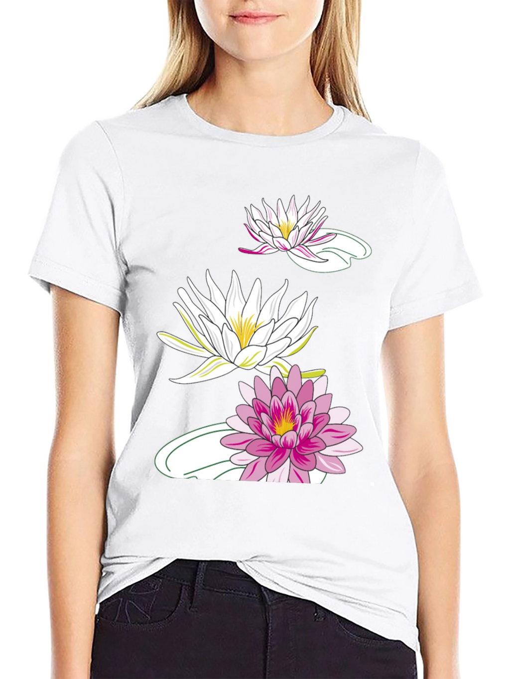 Black T-Shirt with Lotus Flower Design
