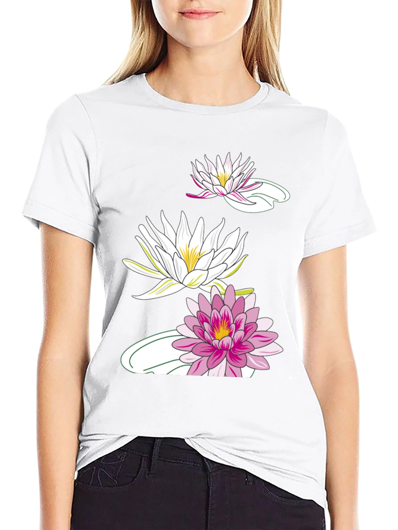 Black T-Shirt with Lotus Flower Design