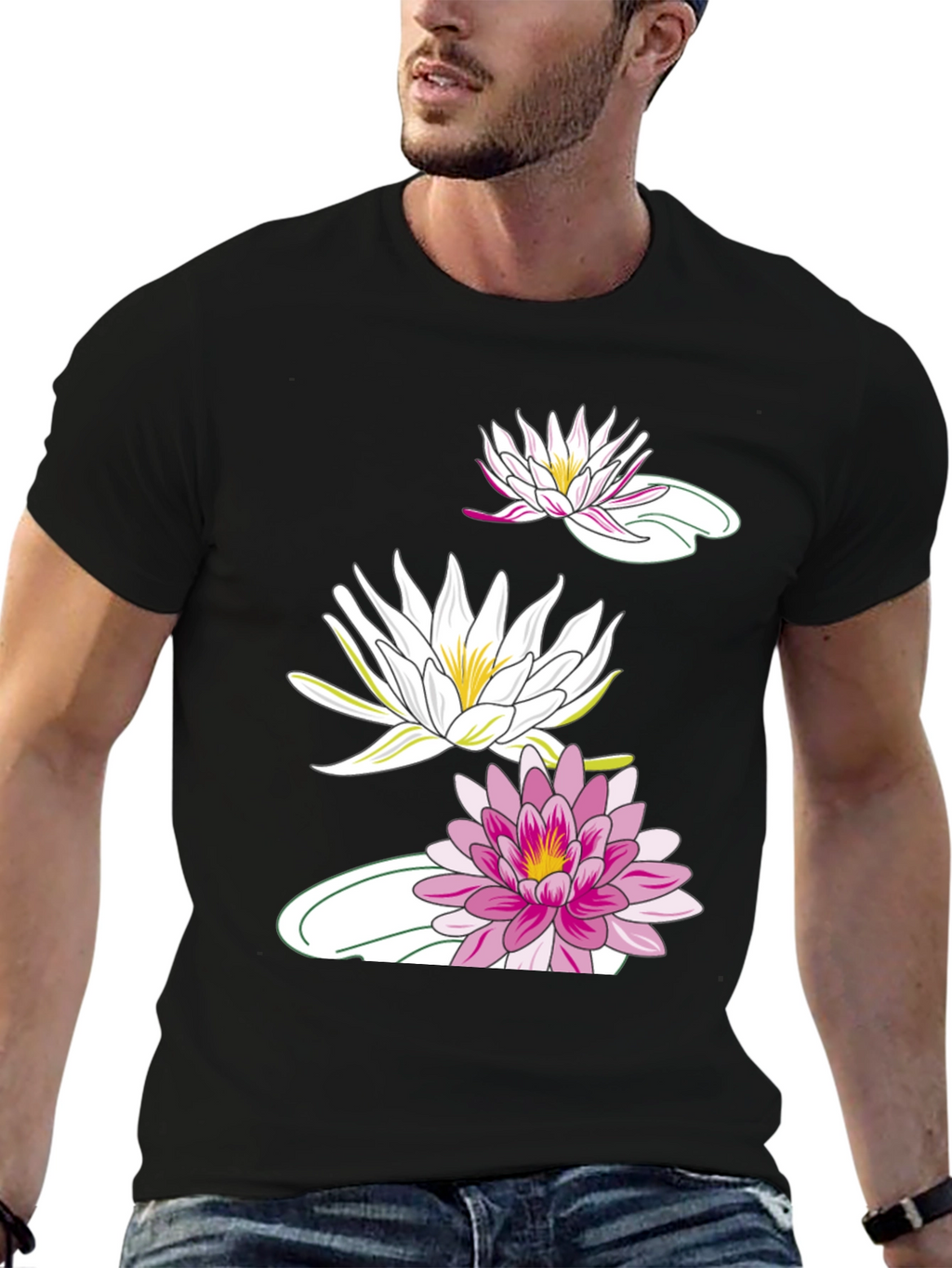 Black T-Shirt with Lotus Flower Design