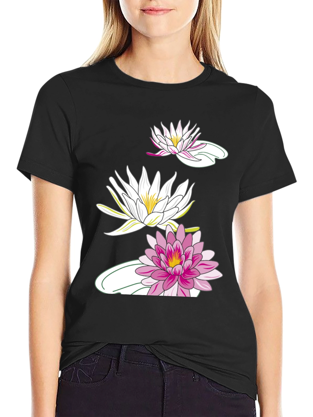 Black T-Shirt with Lotus Flower Design
