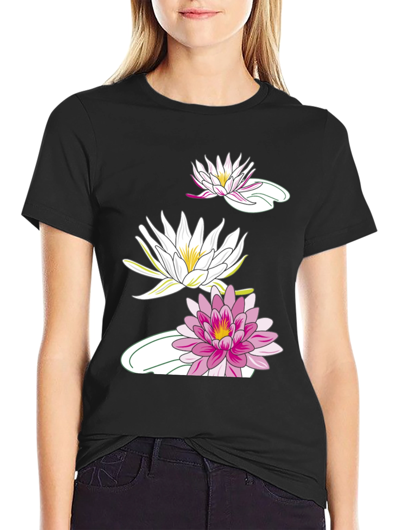 Black T-Shirt with Lotus Flower Design