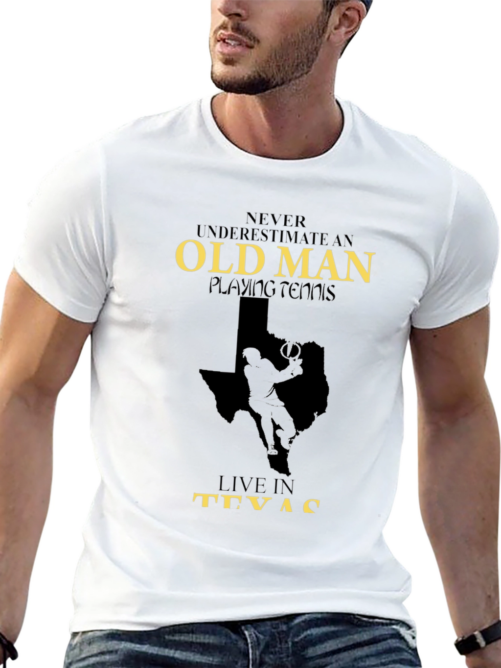 Old Man Playing Tennis in Texas Graphic Tee