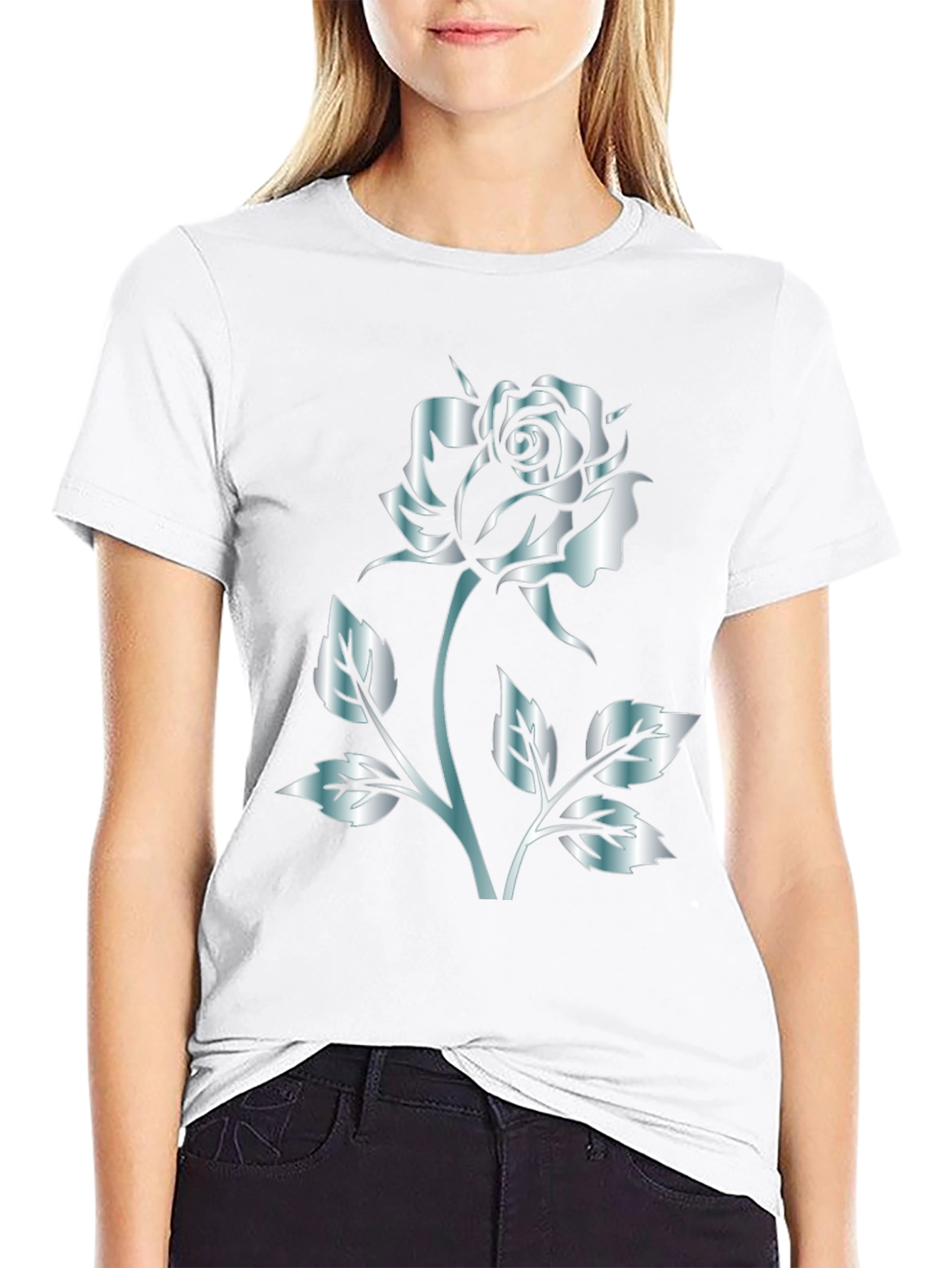 Black Rose Graphic Tee - Stylish Silver Flower Design
