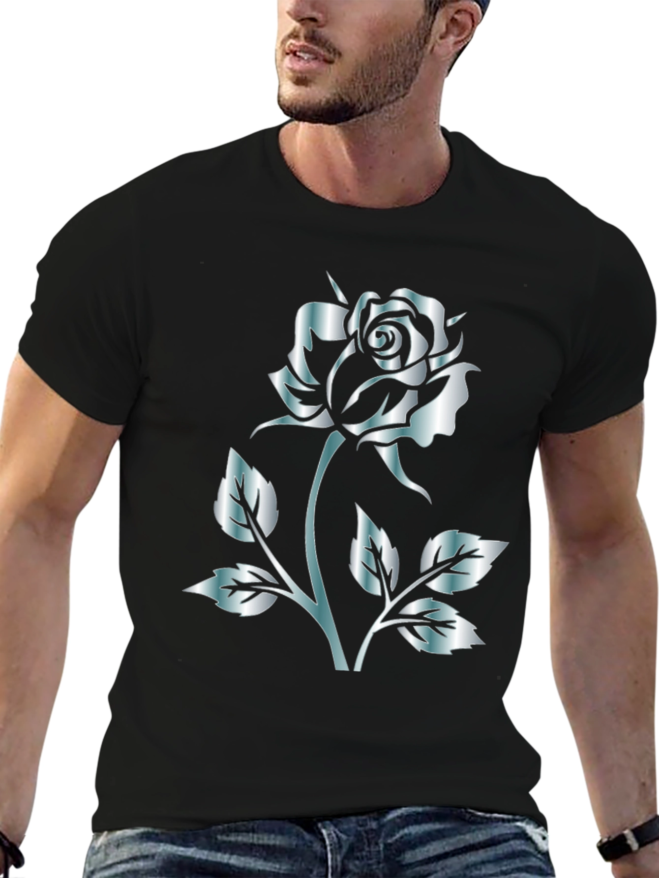Black Rose Graphic Tee - Stylish Silver Flower Design