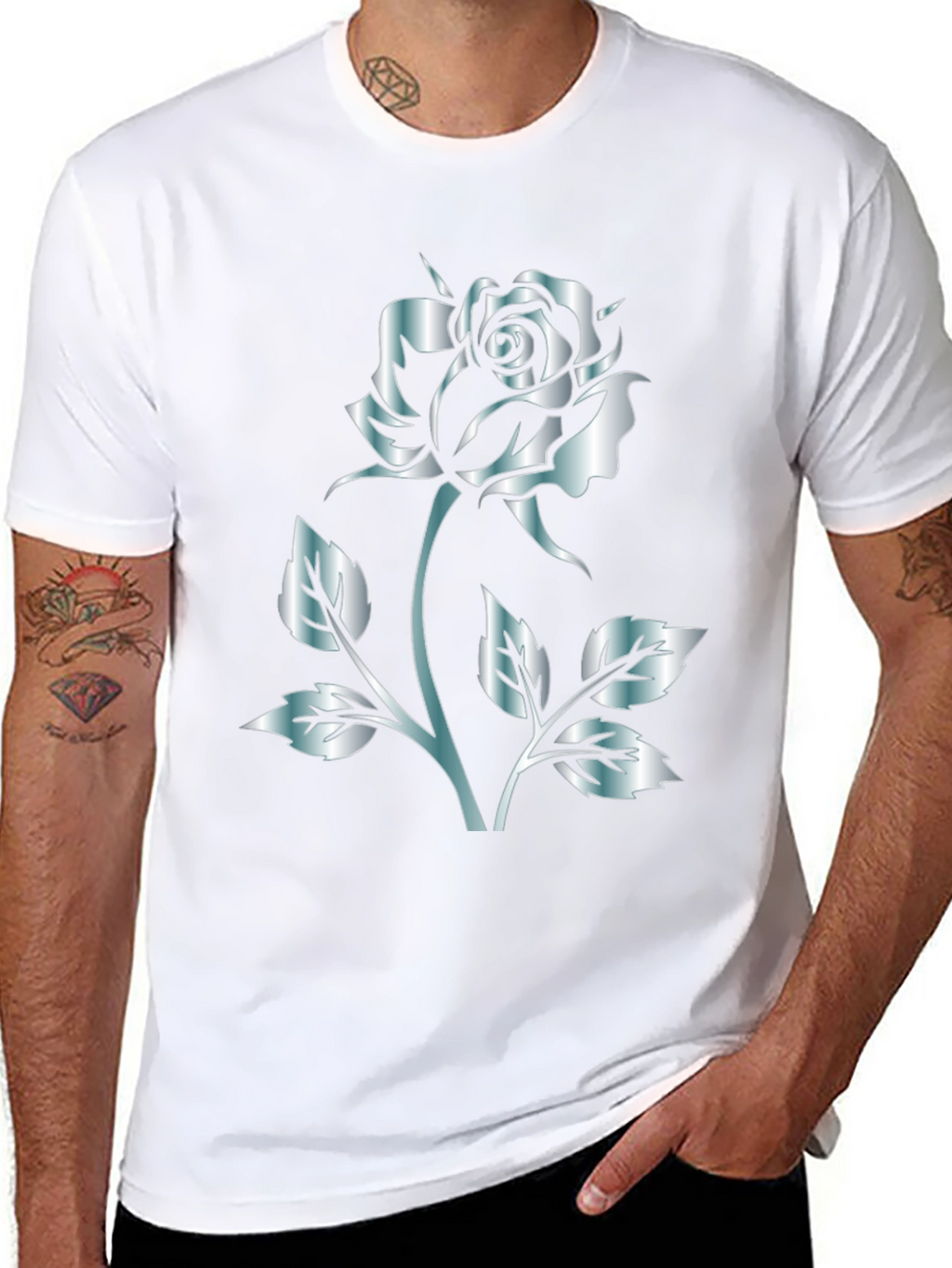 Black Rose Graphic Tee - Stylish Silver Flower Design